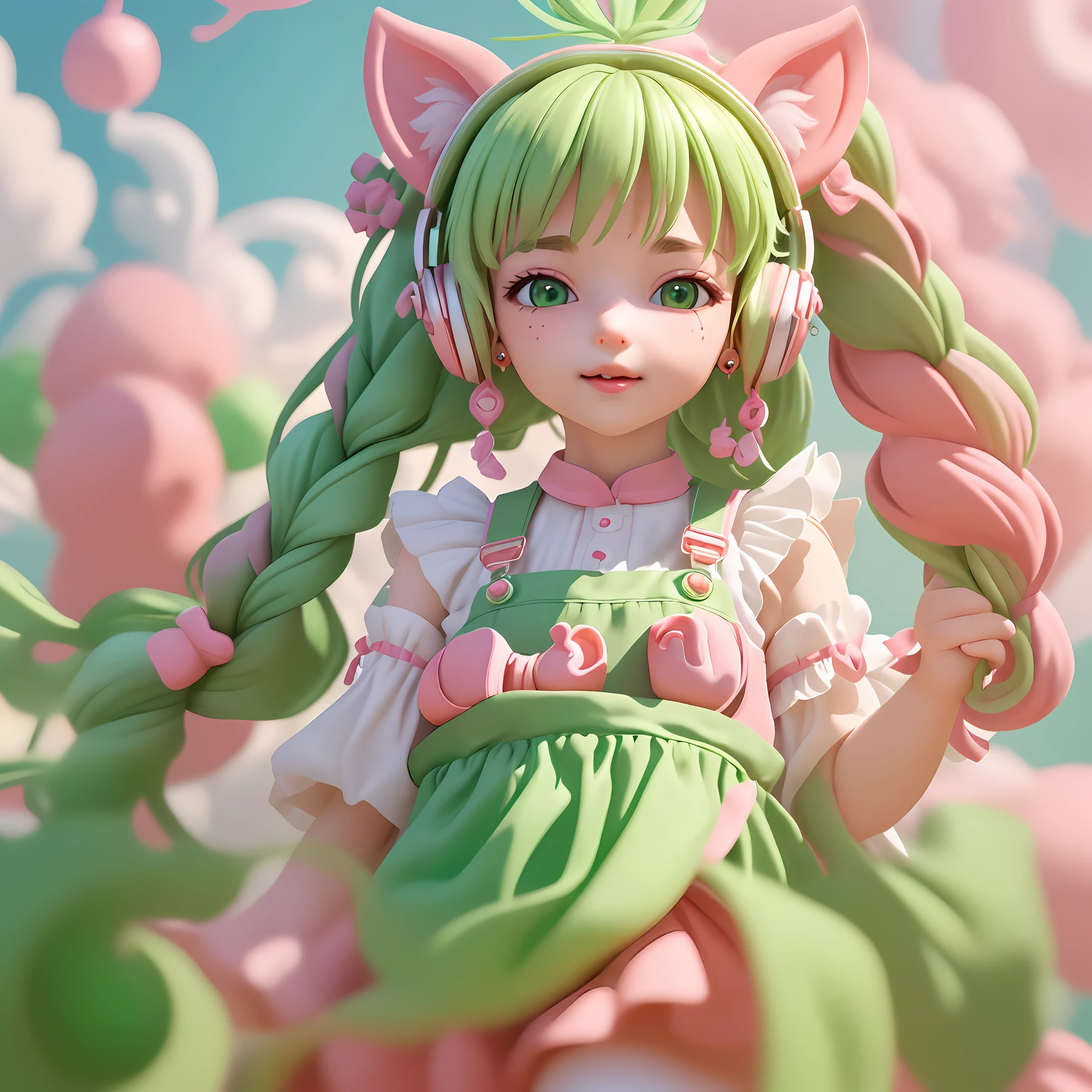 (Extremely detailed CG Unity 8k wallpaper, masterpiece, best quality, super detailed), (best lighting, best shadow, extremely delicate and beautiful), floating,
	
[(Headbands, earrings, (green: 1.5|red: 1.2) braided pig's tail hair with kitten headphones, (pink: 1.3) overalls) :: 0.8]