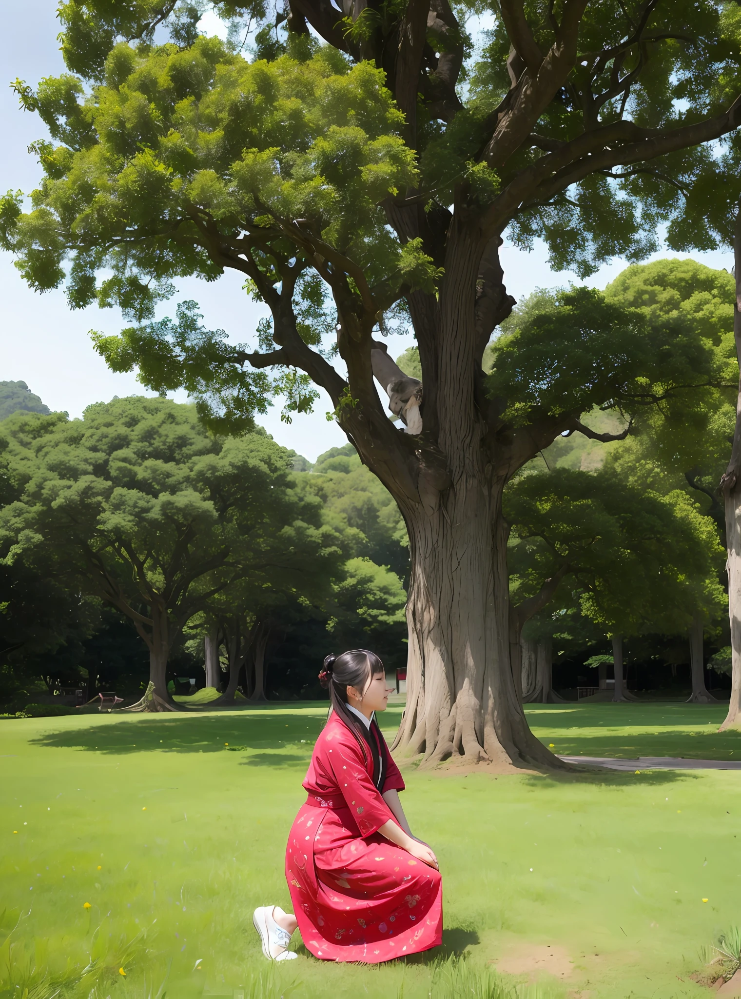 A Chinese woman kneels in front of a large tree