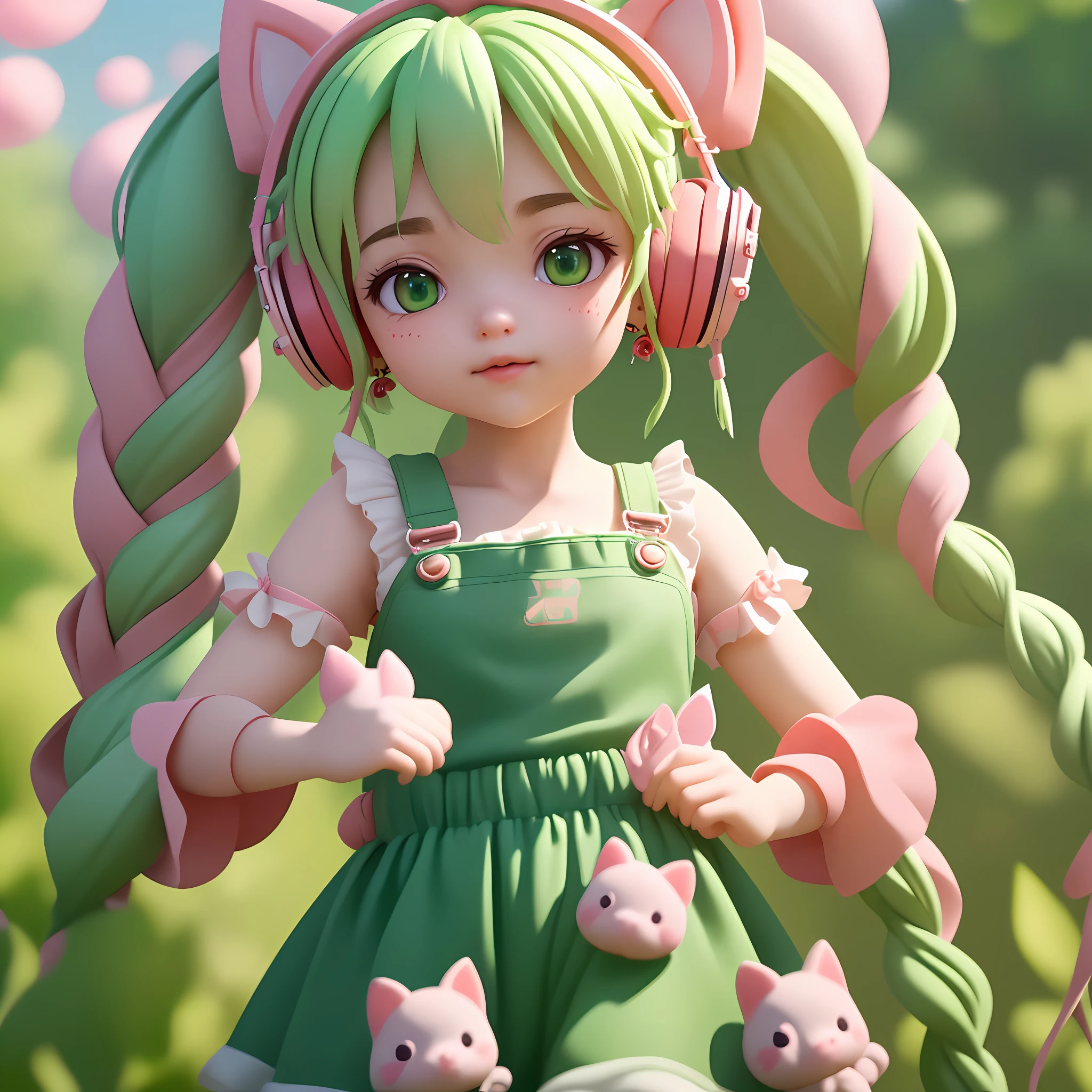 (Extremely detailed CG Unity 8k wallpaper, masterpiece, best quality, super detailed), (best lighting, best shadow, extremely delicate and beautiful), floating,
	
[(Headbands, earrings, (green: 1.5|red: 1.2) braided pig's tail hair with kitten headphones, (pink: 1.3) overalls) :: 0.8]