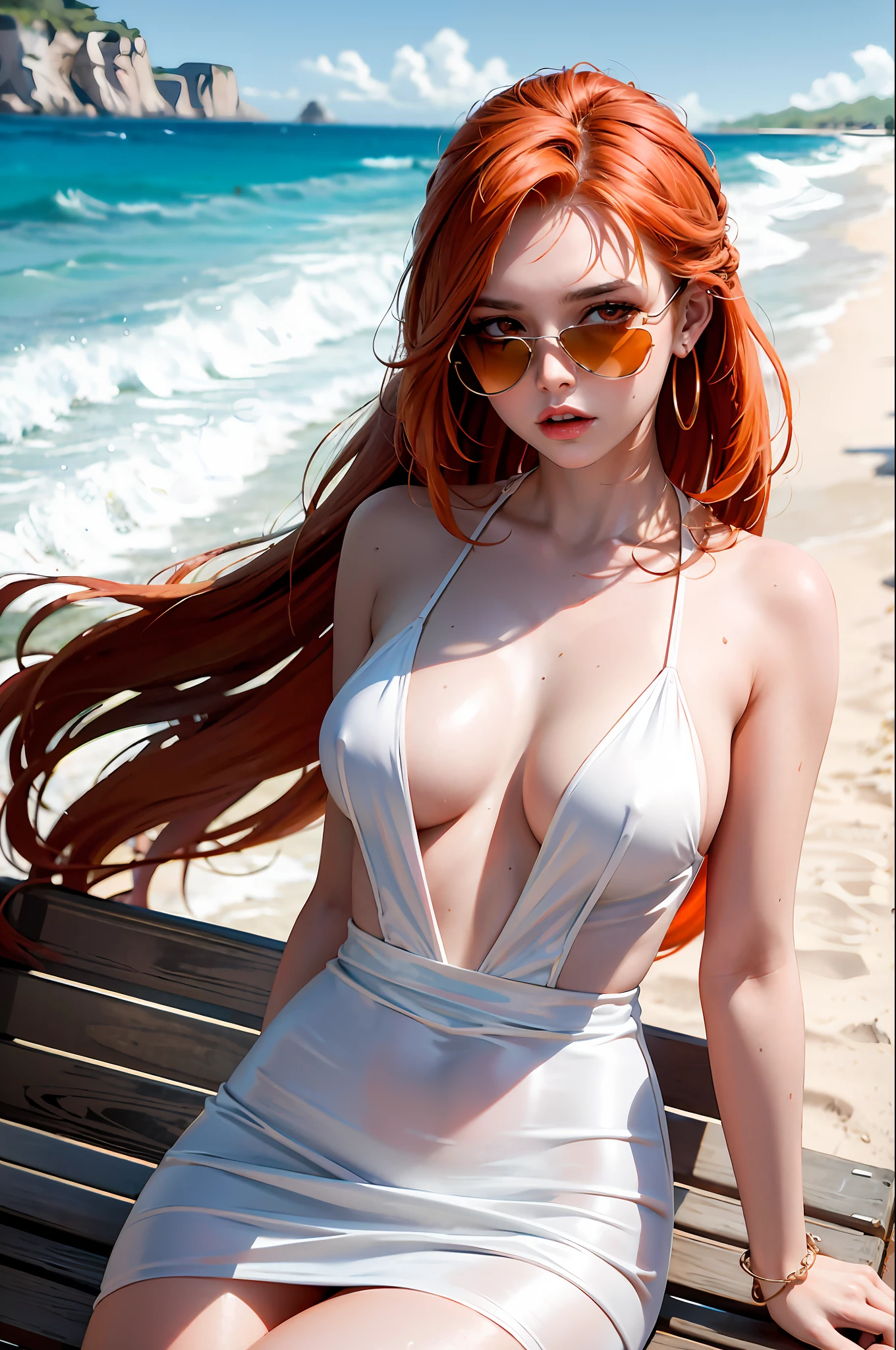 Painting, dramatic, 1girl, 21 years old European cute girl, haughty expression, orange hair, hair coiled up, white dress with sunglasses, beach boardwalk,