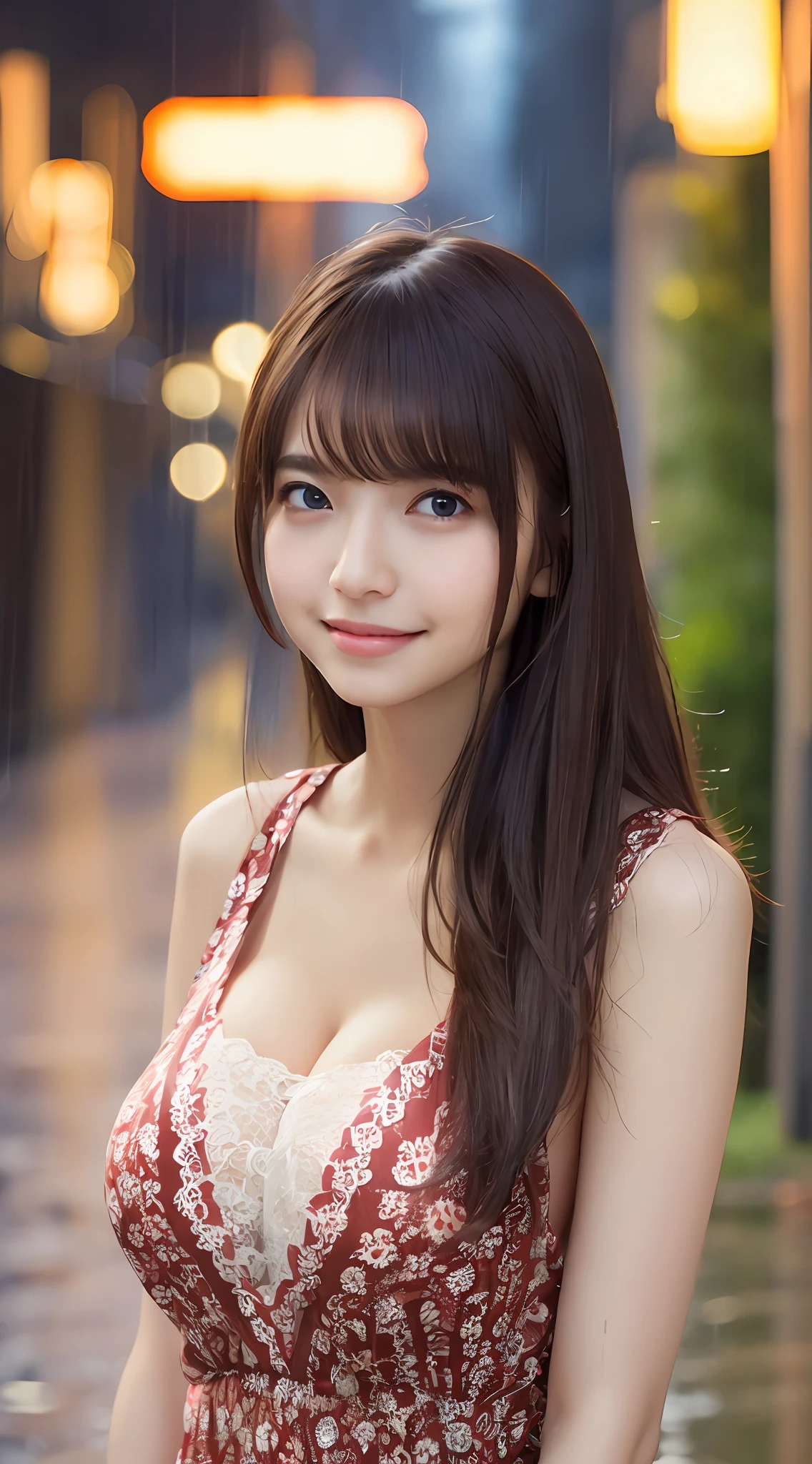 ((Best quality, 8k, Masterpiece :1.3)), A pretty girl standing in rain under Street lights with perfect figure :1.4, Slender abs :1.3, ((Dark brown hair, cleavage Big breasts :1.2)), smiling face , she is standing 30 meters away from viewer, 50mm, lace long dress, full body , red light district , Highly detailed face and skin texture, Detailed eyes, Double eyelid
