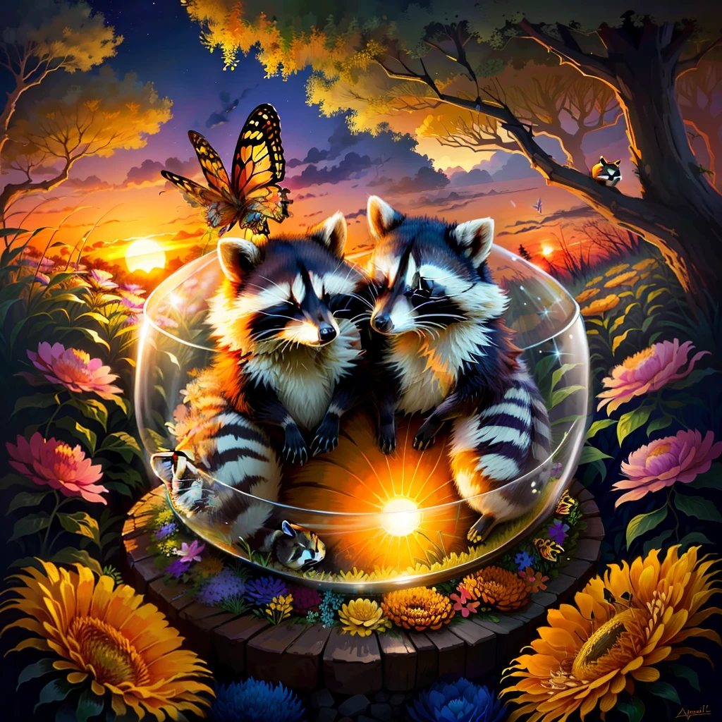 sleeping raccoons on a glass anthill, hugging, butterflies, sunset, realistic, flowers, forest background