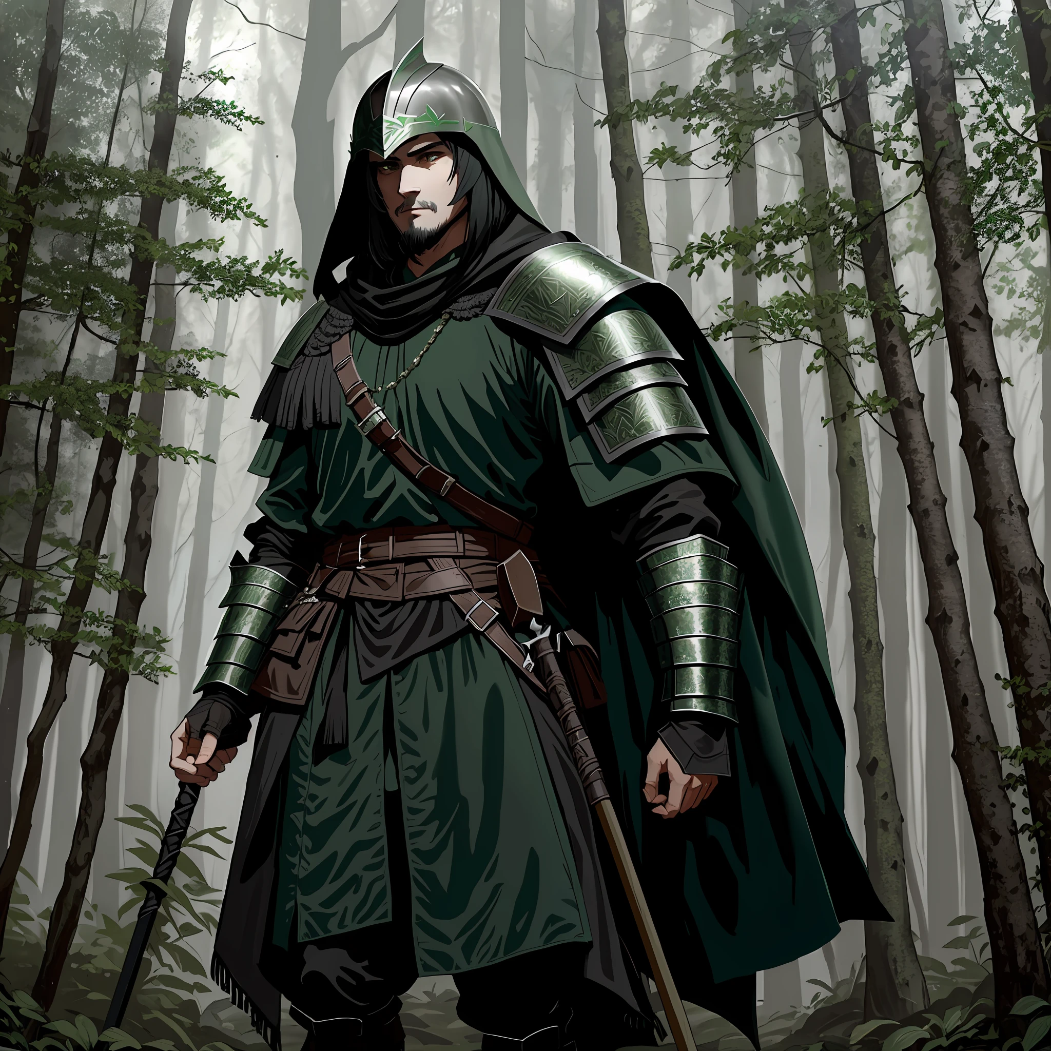 A (Slavic) knight in green heavy armor (loose black hair), a medieval knight's eagle-headed helmet, (cunning, evil), in a forest background shrouded in a thick white fog
