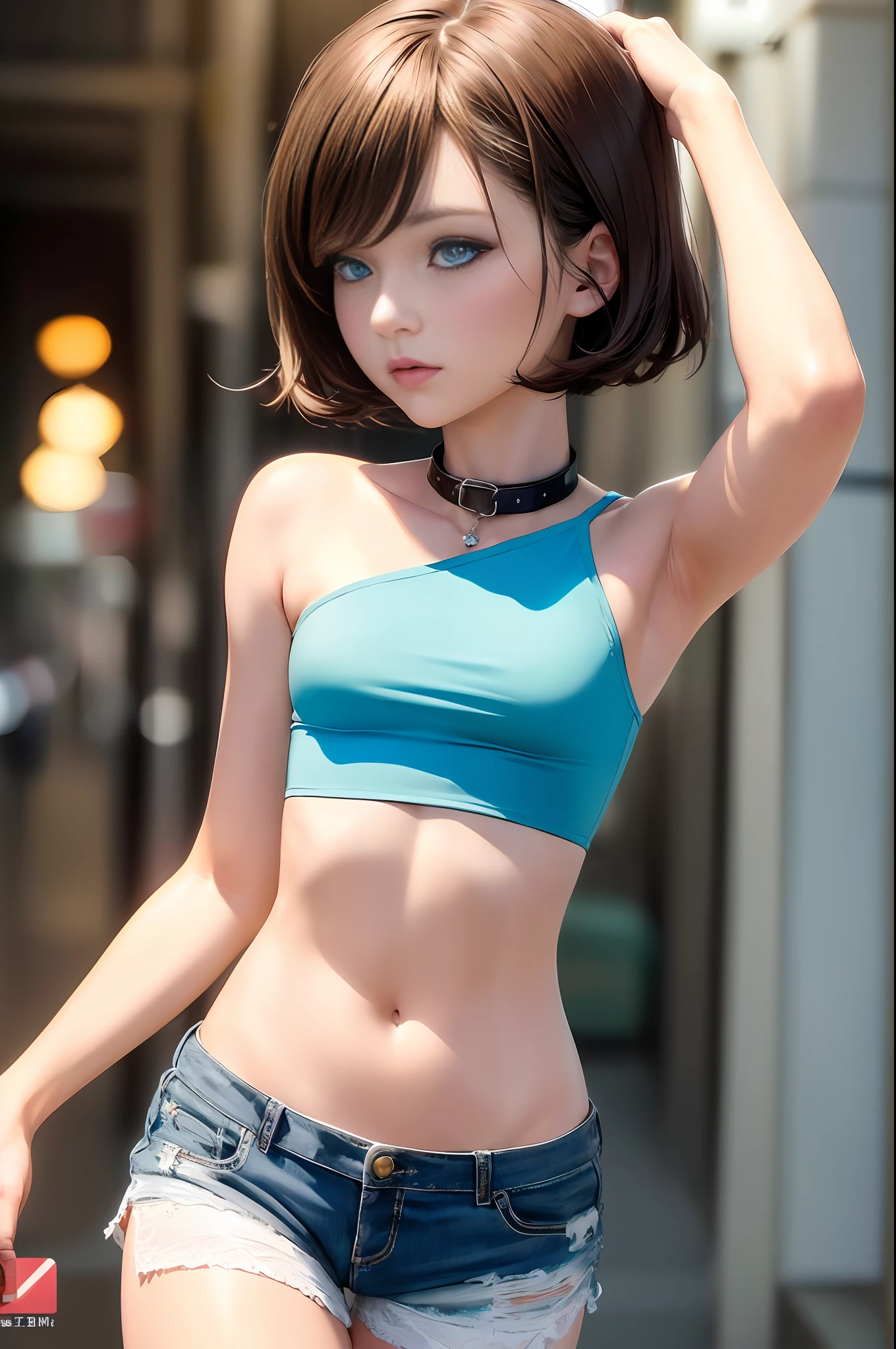 ((medium breasts, tomboy girls, small head)),((blue beautiful eyes with vertical pupils)) daylight, sunlight, (chiseled abs: 1.1), (perfect body: 1.2), (short wavy hair: 1.2), brown hair, collar, moonstone slope chain ((glows brightly)), full body shot, crowded street, in a light green tank top, ((shorts)), (extremely detailed CG 8k wallpaper), (extremely delicate and beautiful), (masterpiece), (best quality:  1.0), (Ultra High Resolution: 1.0), Beautiful Lighting, Perfect Lighting, Realistic Shadows, [High Resolution], Detailed Skin, Super Detail