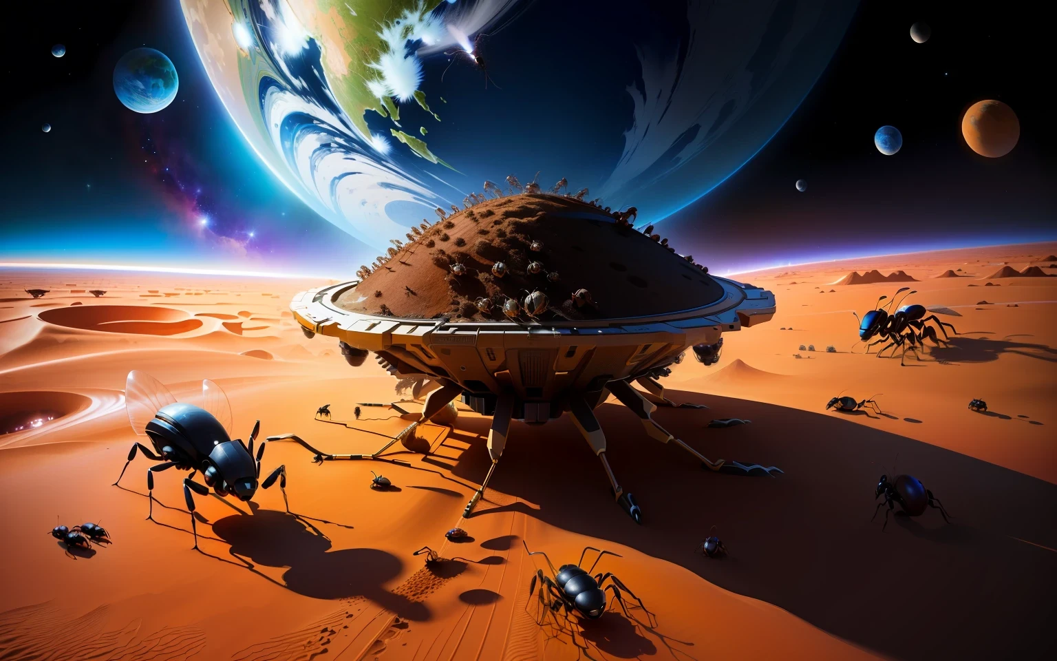 anthill in space, ants flying around, on a planet