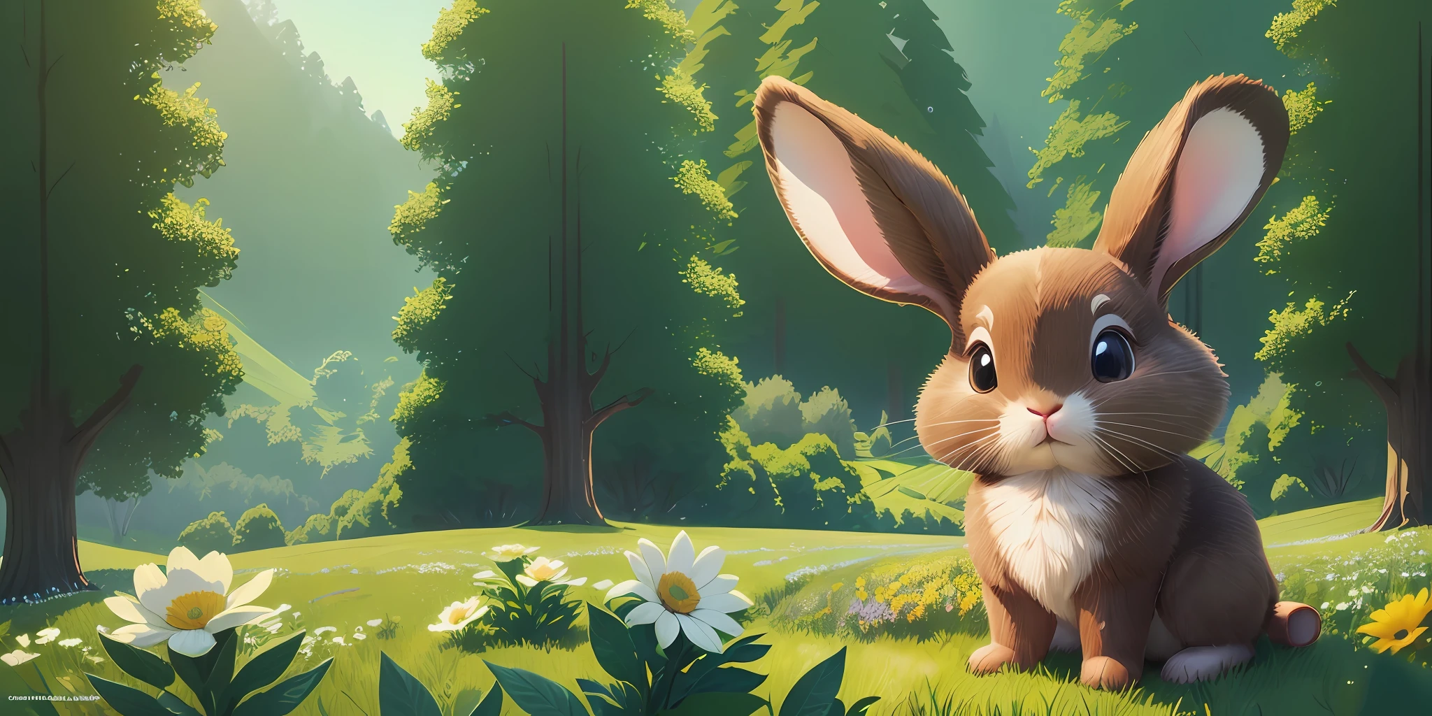 (ultra quality), (ultra illustration), (ultra shadows) green fields, valley, trees , colorful flowers , a chocolate baby rabbit in a forest looking sad, children's book illustration , ultra detailed --v6, Ray tracing