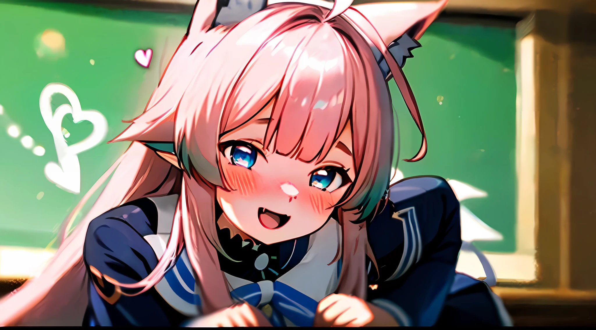A , JK uniform, White top, Short black skirt, Side lens, Face the camera, In the classroom scene, pink hair, ahoge, bangs, hair over shoulder, long hair, long hair, ribbon, aqua eyes, wide eyes, heart-shaped eyes, fox ears, long pointy ears, open mouth, shy, evil smile, ear blush, smirk, naughty face, light blush, character chart, projected inset, close-up, drop shadow, UHD, masterpiece, 4K