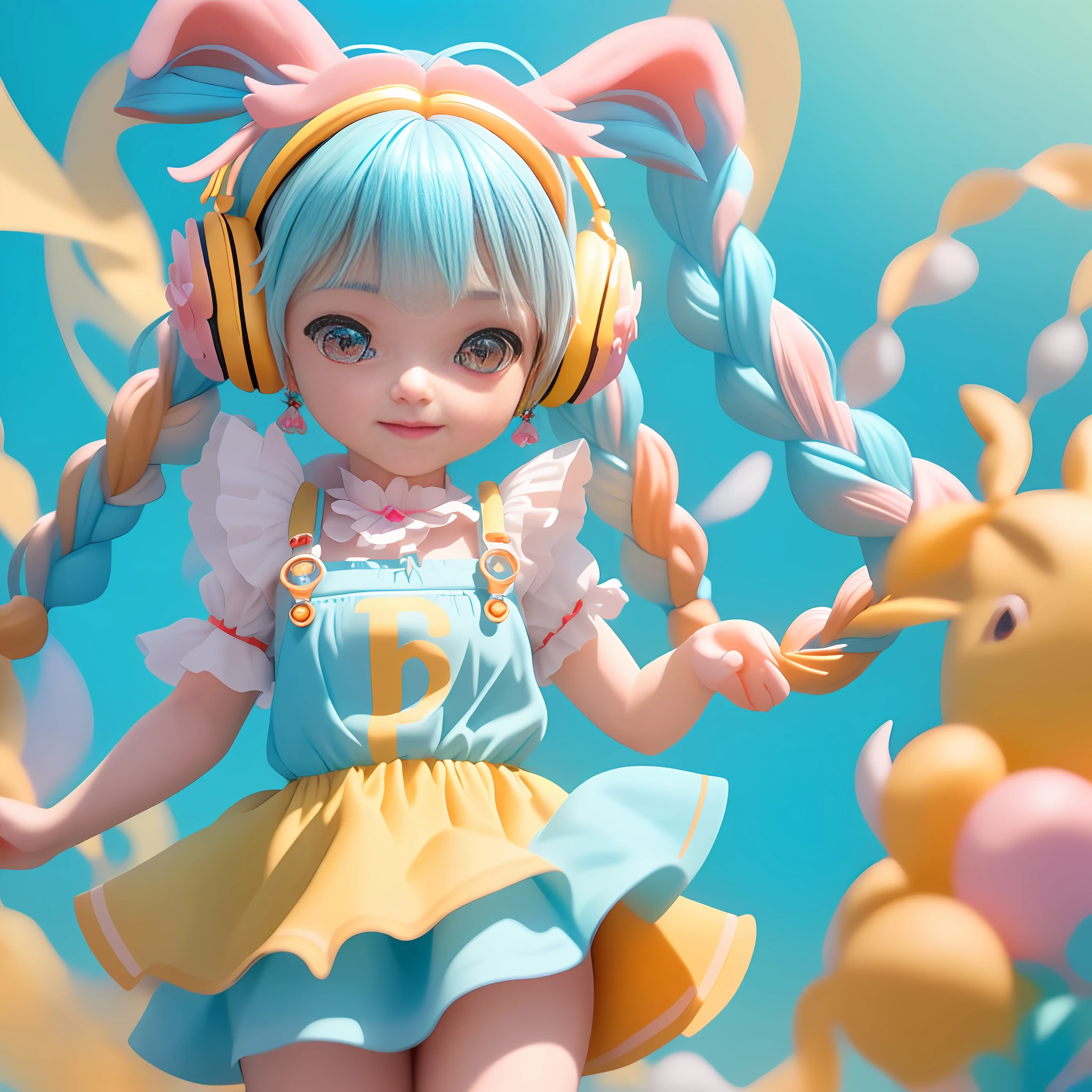 (Extremely detailed CG Unity 8k wallpaper, masterpiece, best quality, super detailed), (best lighting, best shadow, extremely delicate beauty), floating, sparkling eyes
	
[(Headbands, earrings, (cyan: 1.5|red: 1.2) braided pig's tail hair with kitten headphones, (light yellow: 1.3) overalls) :: 0.8]