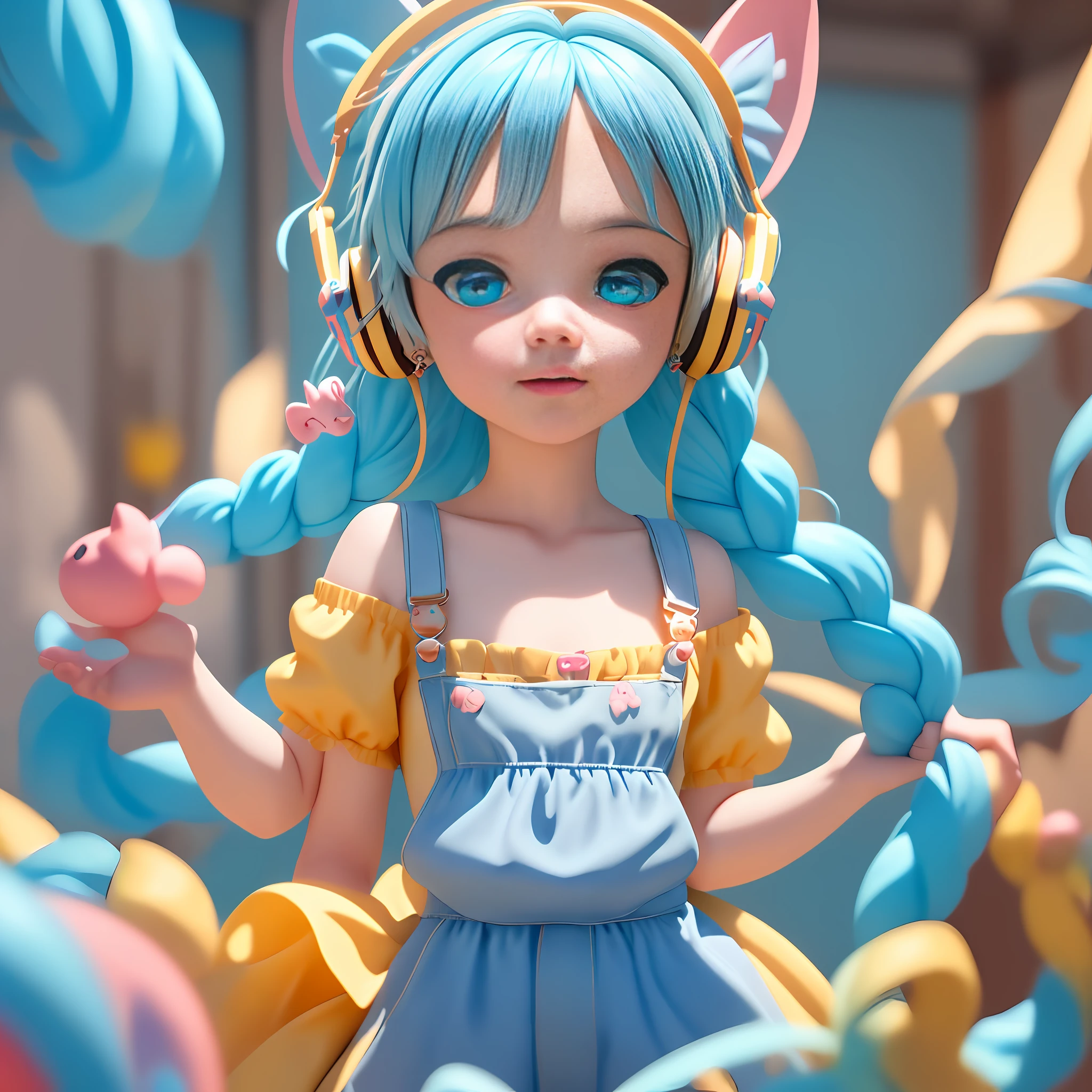 (Extremely detailed CG Unity 8k wallpaper, masterpiece, best quality, super detailed), (best lighting, best shadow, extremely delicate beauty), floating, sparkling eyes
	
[(Headbands, earrings, (cyan: 1.5|red: 1.2) braided pig's tail hair with kitten headphones, (light yellow: 1.3) overalls) :: 0.8]