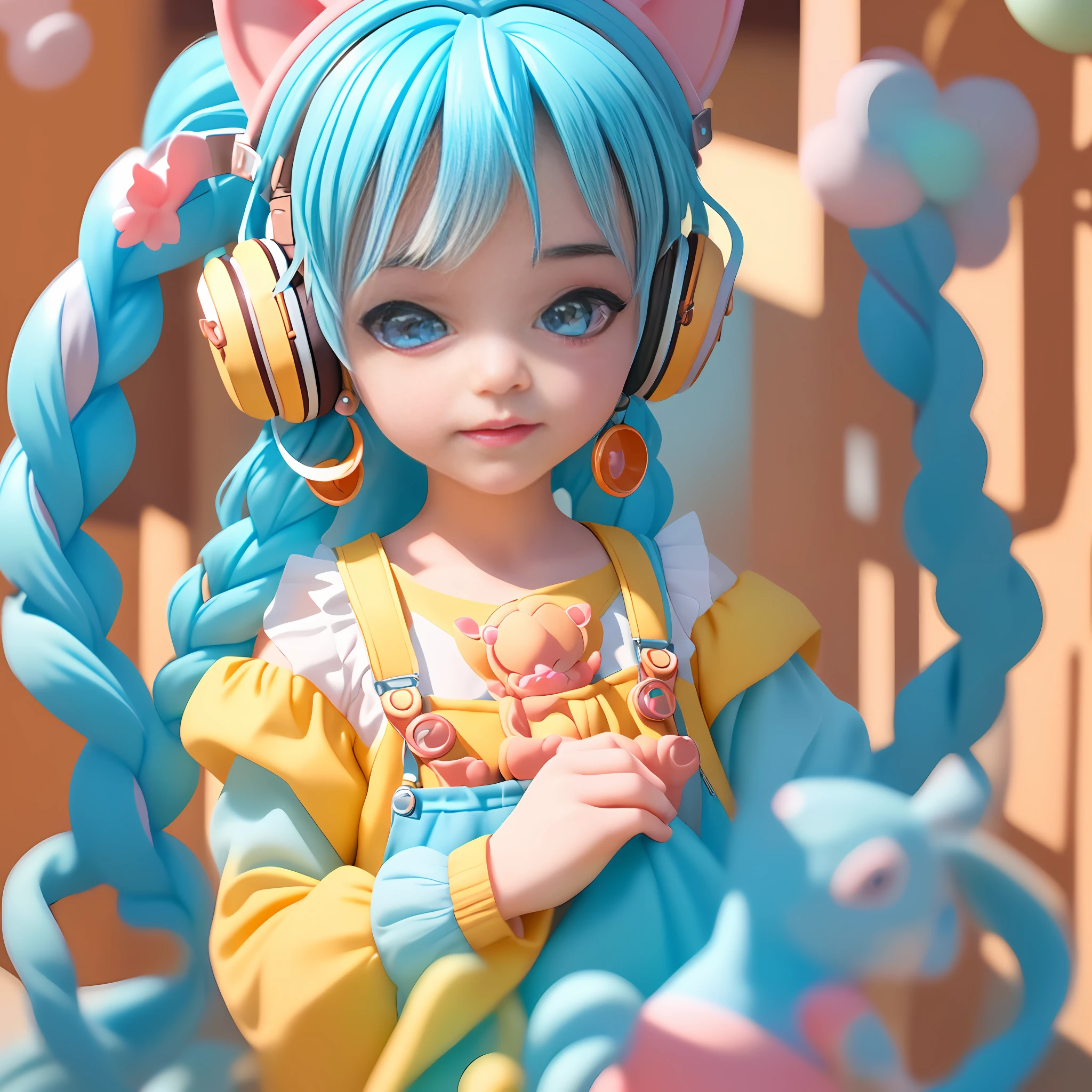 (Extremely detailed CG Unity 8k wallpaper, masterpiece, best quality, super detailed), (best lighting, best shadow, extremely delicate beauty), floating, sparkling eyes
	
[(Headbands, earrings, (cyan: 1.5|red: 1.2) braided pig's tail hair with kitten headphones, (light yellow: 1.3) overalls) :: 0.8]