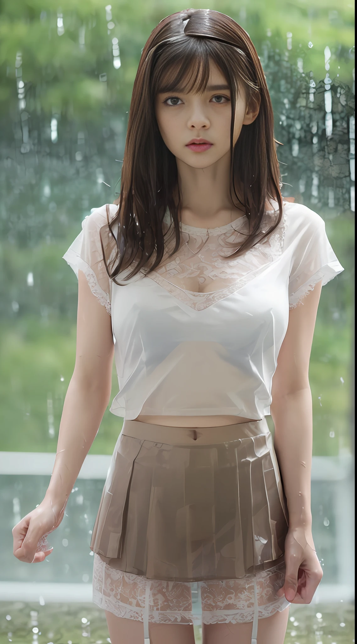 ((Best quality, 8k, Masterpiece :1.3)), A pretty woman with perfect figure :1.4, Slender abs :1.3, (in heavy rain:1.4), (wet transparent T-shirt:1.4) , (small white lace bra:1.2) , ((Dark brown hair, Big breasts :1.4)), Highly detailed face and skin texture, Detailed eyes, Double eyelid, (lace mini skirt:1.4), (up skirt:1.4)