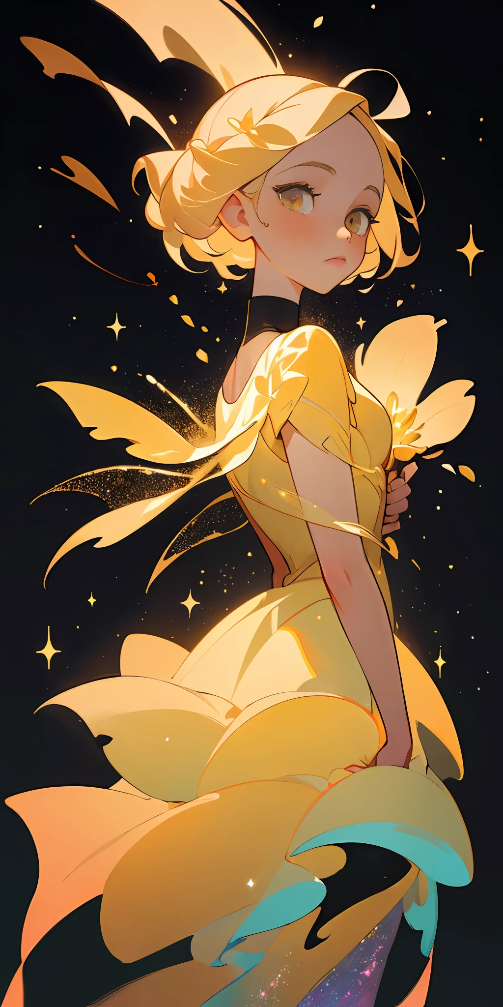 (best quality, masterpiece), 1girl, galaxy, glitter, dress, particle, wind, flower, upper body, dark simple background, looking at viewer, blonde,