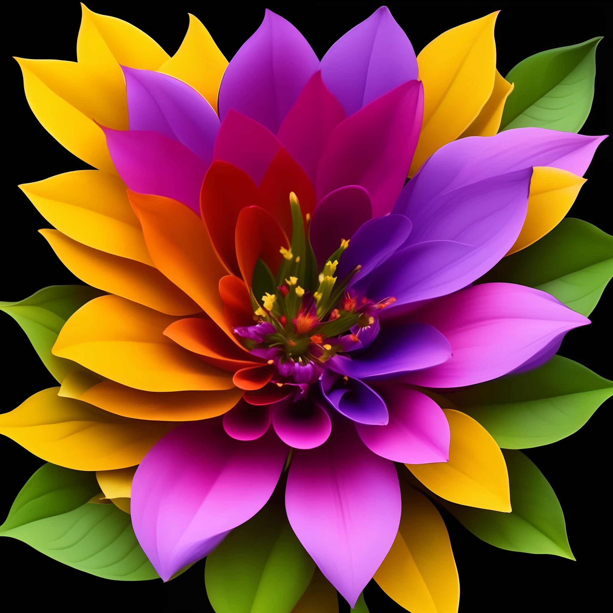 multi elementary flowers, Elemental flowers, vibrant colors, black background, reslista, 16k, cannon, purple color, red, yellow with green leaves