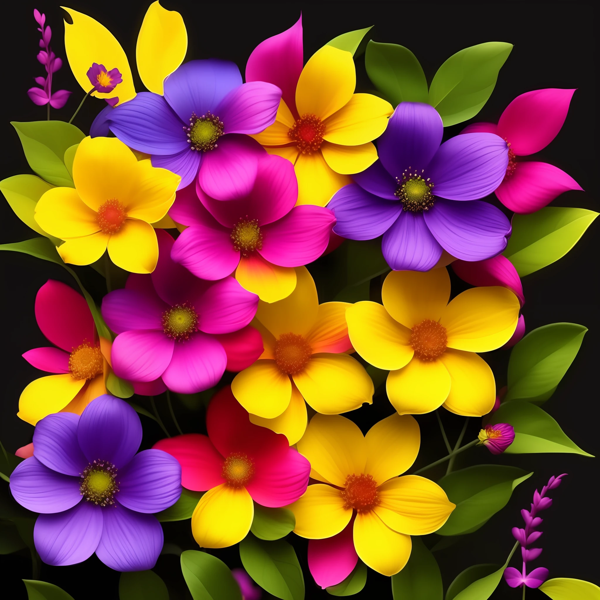 multi elementary flowers, Elemental flowers, vibrant colors, black background, reslista, 16k, cannon, purple color, red, yellow with green leaves