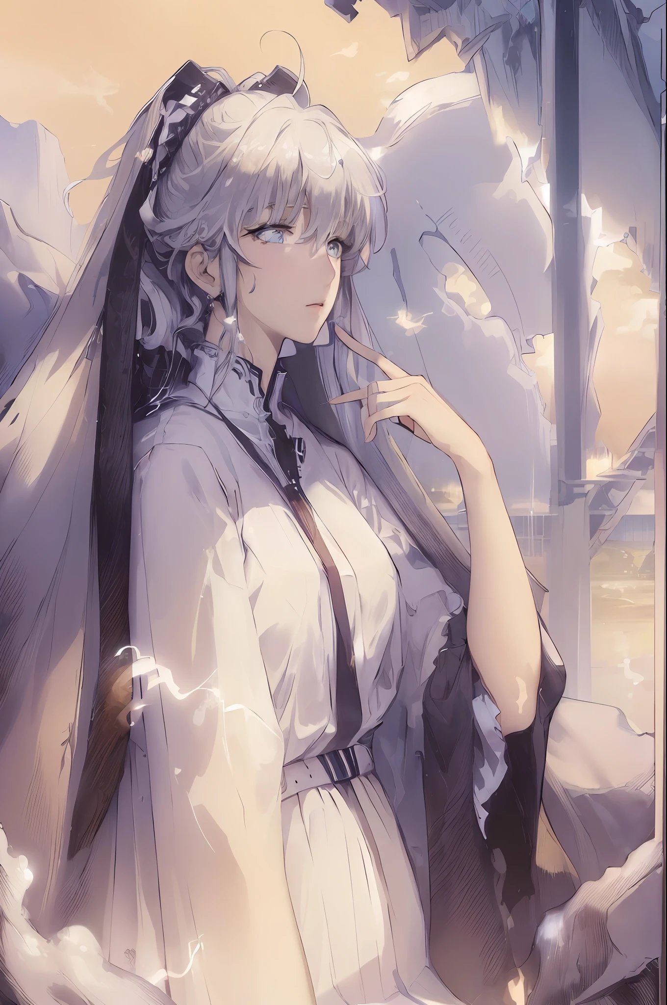 (((masterpiece,best quality,official art,extremely detailed CG unity 8k wallpaper))),illustration,landscape,solo,1girl,bishojo,beautiful detailed eyes,Student uniforms, platinum blonde hair, ponytail