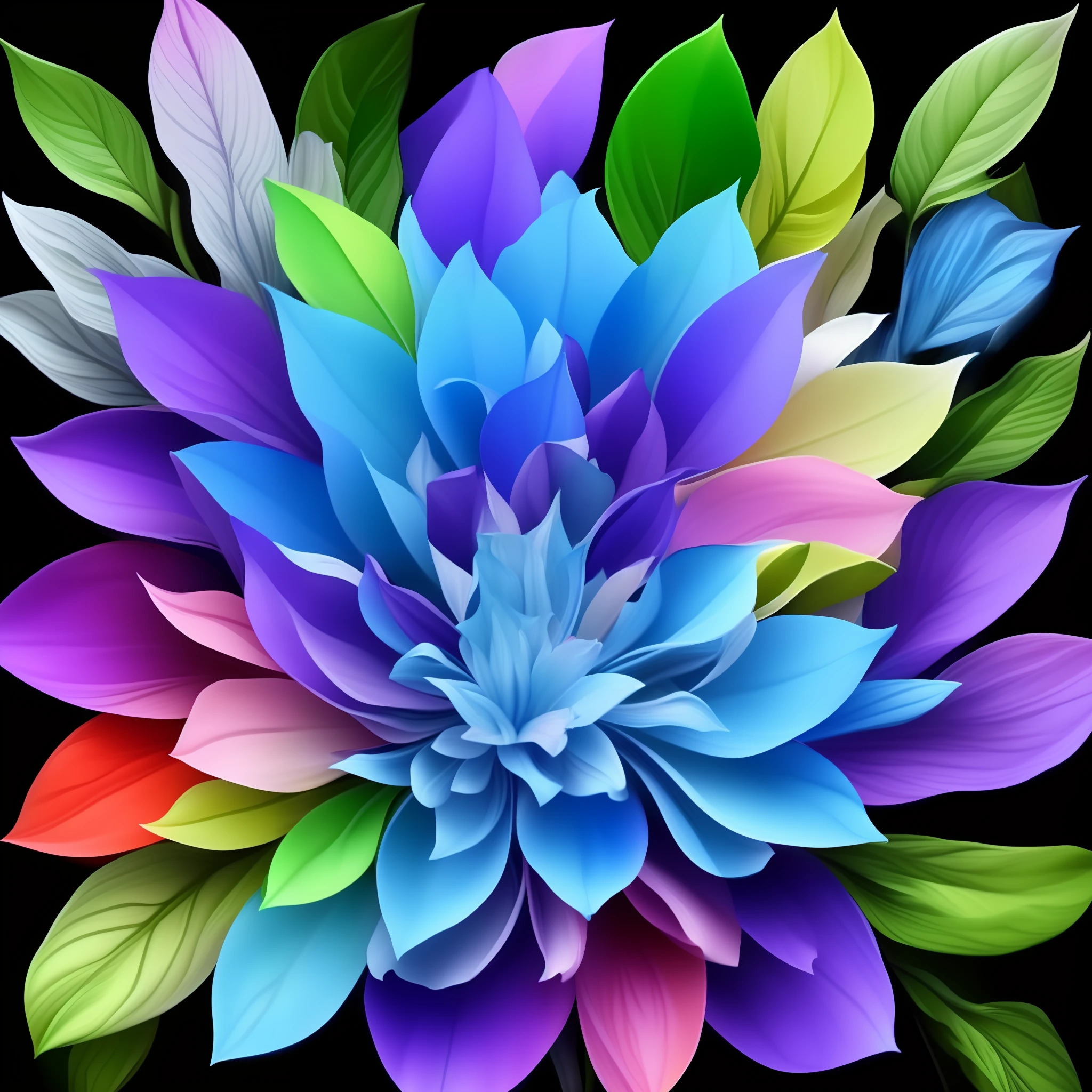 multi elemental flowers, Elemental flowers, vibrant colors, black background, reslista, 16k, cannon, light blue color, dark blue, white, green, purple, red, yellow with green leaves