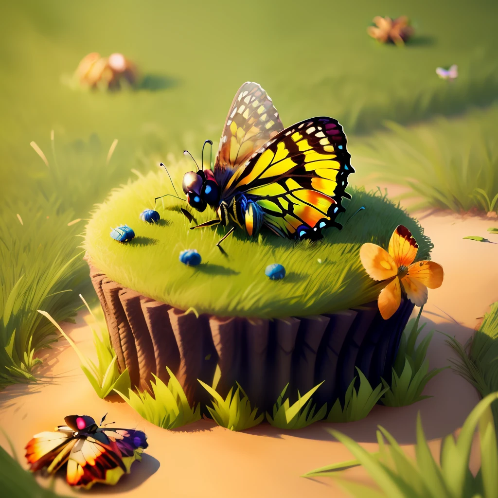 Realistic. Cupcake-shaped anthill, with green grass at the top. Small sweets scattered in the grass. On the edge sits a butterfly. Around a running ant