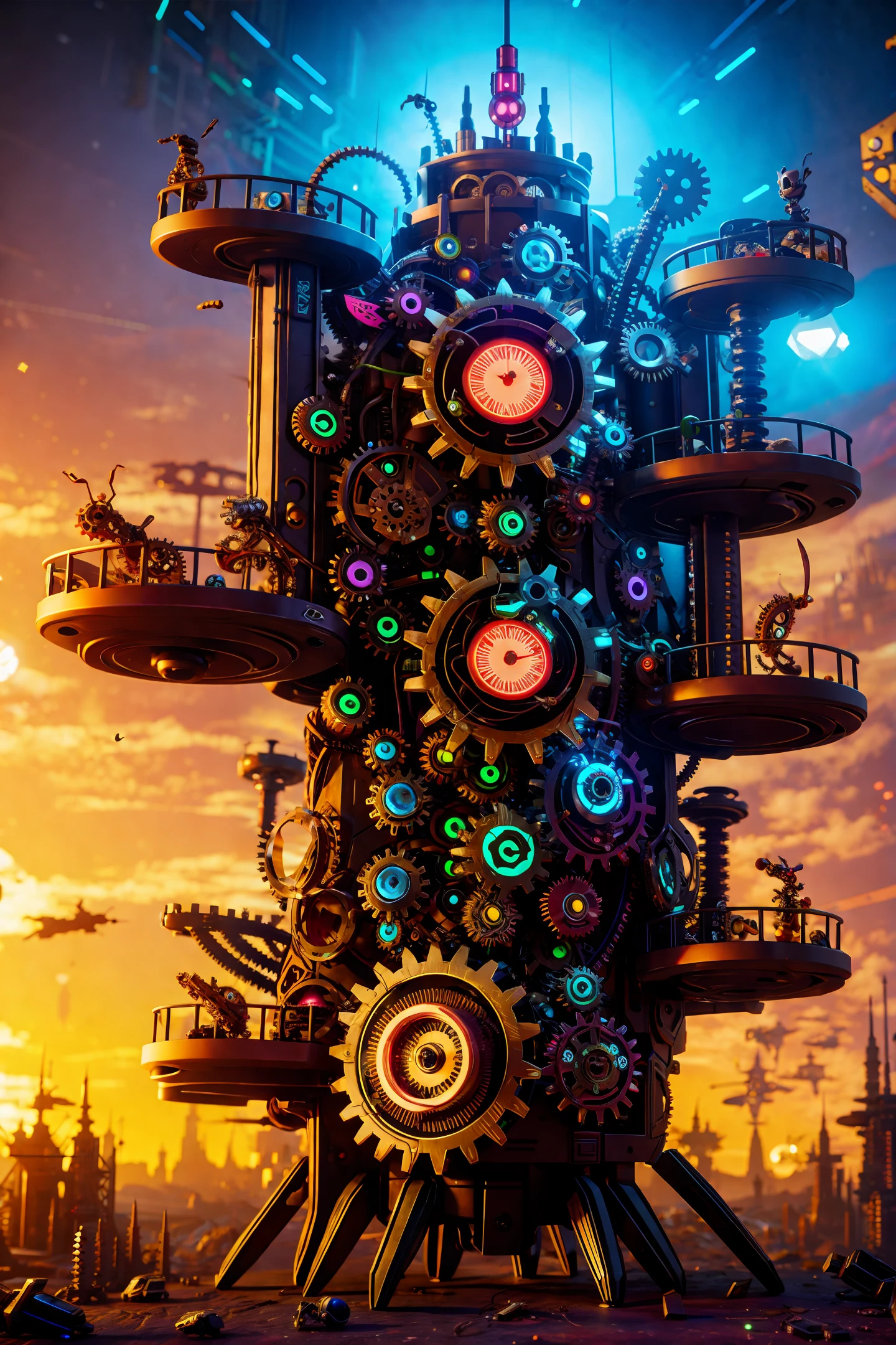 Ant Mountain, cyberpunk theme, made of different gears, clocks and other devices for games, painting.