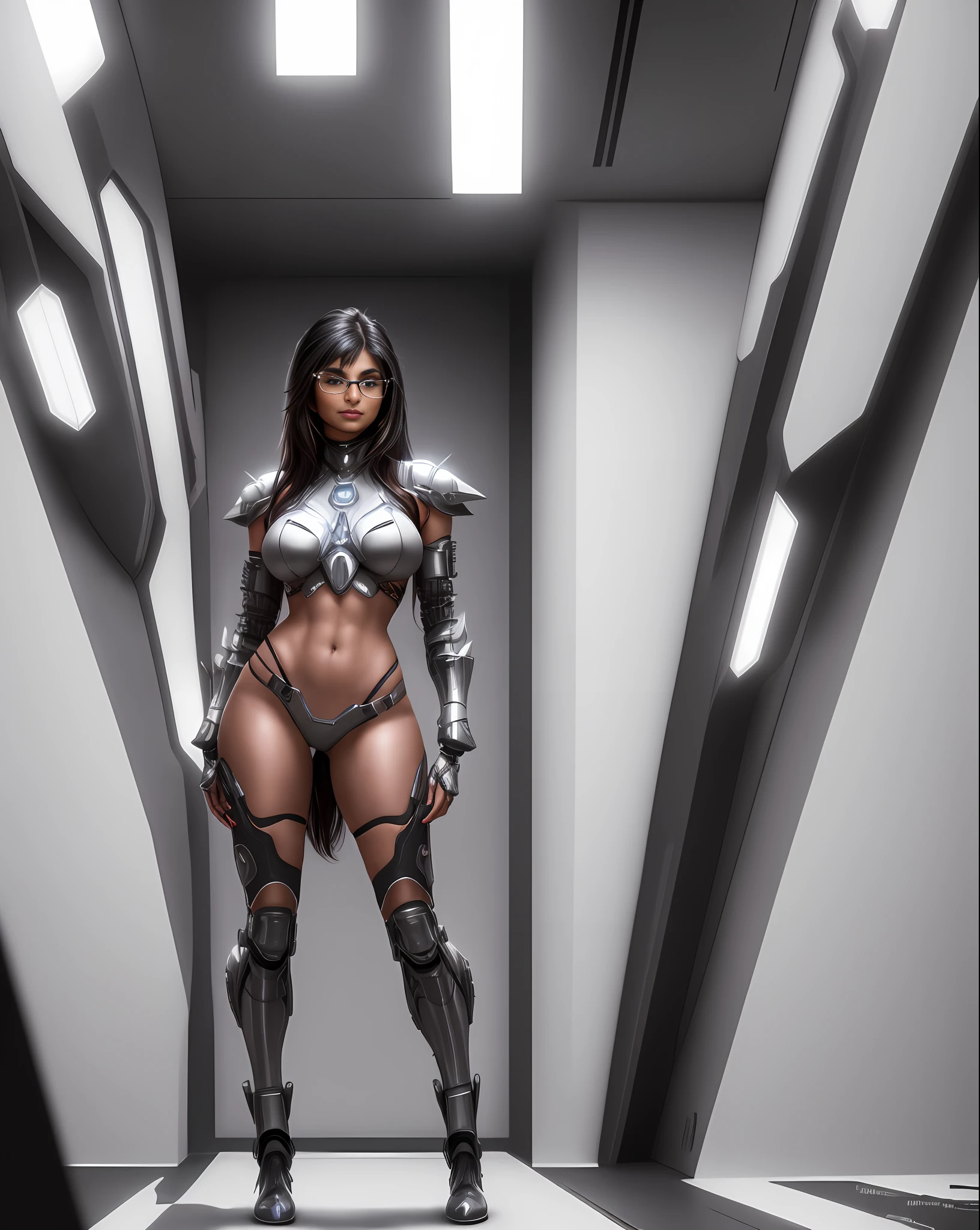 Mia Khalifa wearing a futuristic cybernetic armor, large pointed breasts, sensual, thick legs, provocative, she is standing, stunning, exciting look, irresistible, realistic photography, realistic photo, minimalist photographic studio background, maximum resolution, portrait style