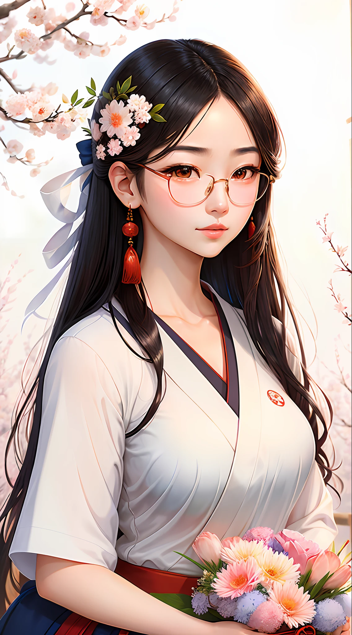 Japanese girl, student Japanese girl beautiful student, Japanese student woman, beautiful hot student, goddess araffe in school clothes, white T-shirt with neckline, big breasts, short hair, fleshy lips, wearing glasses, 18 years old holding a bouquet of flowers in her hands, a beautiful art illustration, portrait of a beautiful student, portrait of young student, inspired by Itō Shinsui,  beautiful digital art, girl beauty, mulan portrait, portrait of a charming maiden, holding a bouquet, japanese goddess, japanese girl, japanese woman