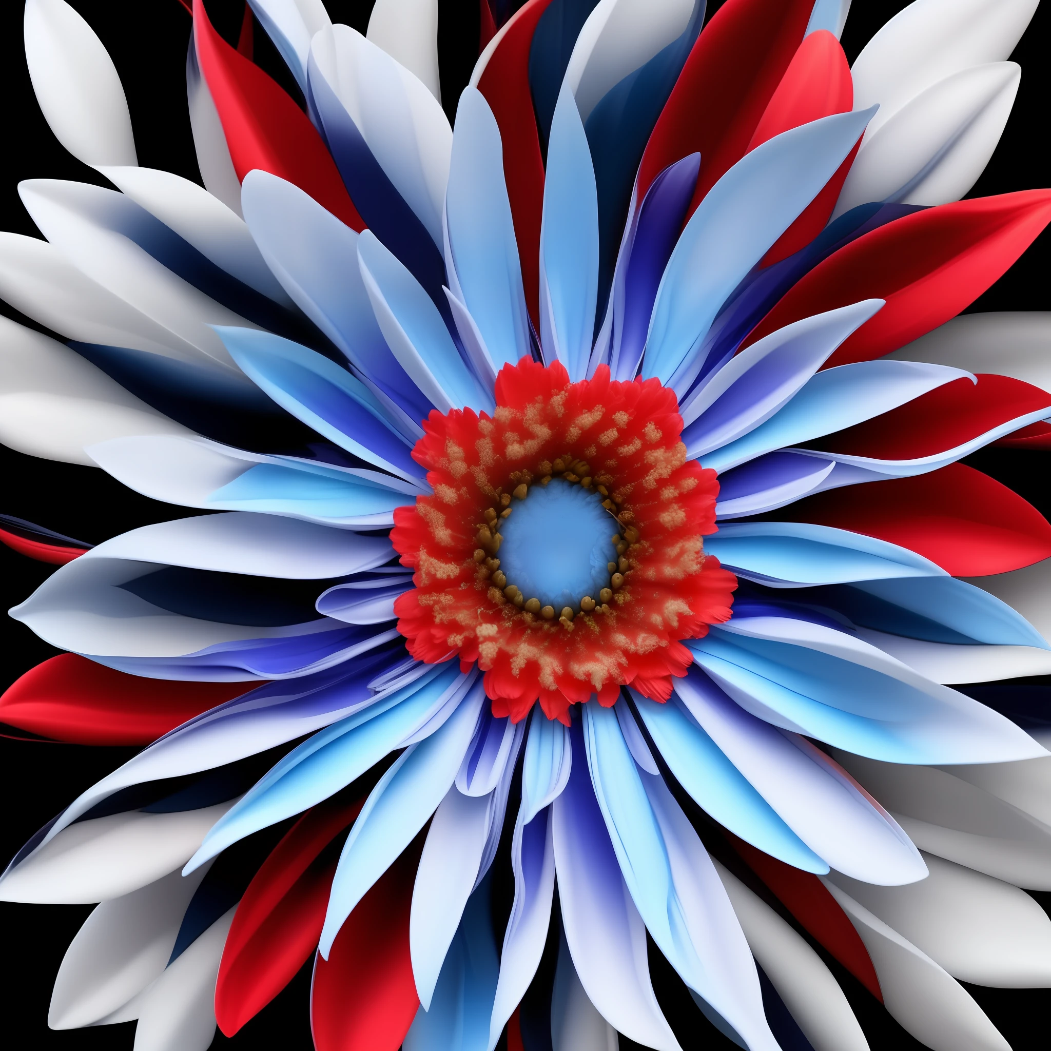one elementary multi flower, Elemental flowers, vibrant colors, black background, reslista, 16k, cannon, light blue color, white, red