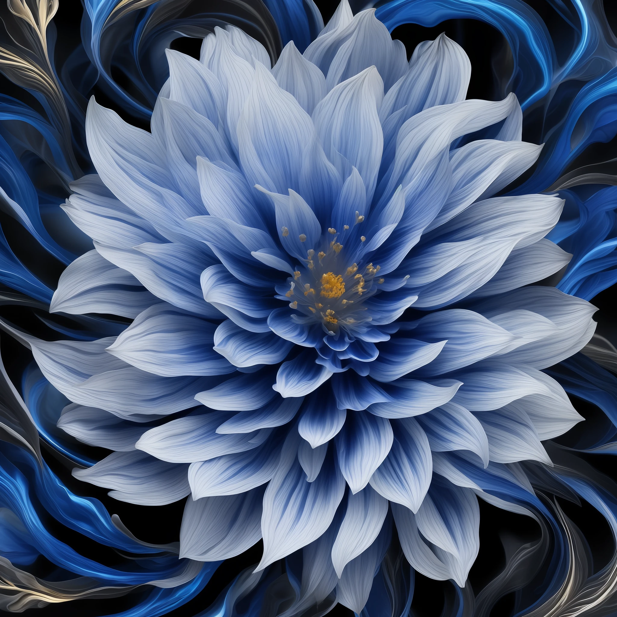 one elemental multi flower, Elemental flowers, vibrant colors, black background, reslista, 16k, cannon, light blue color, dark blue, white, aged gold