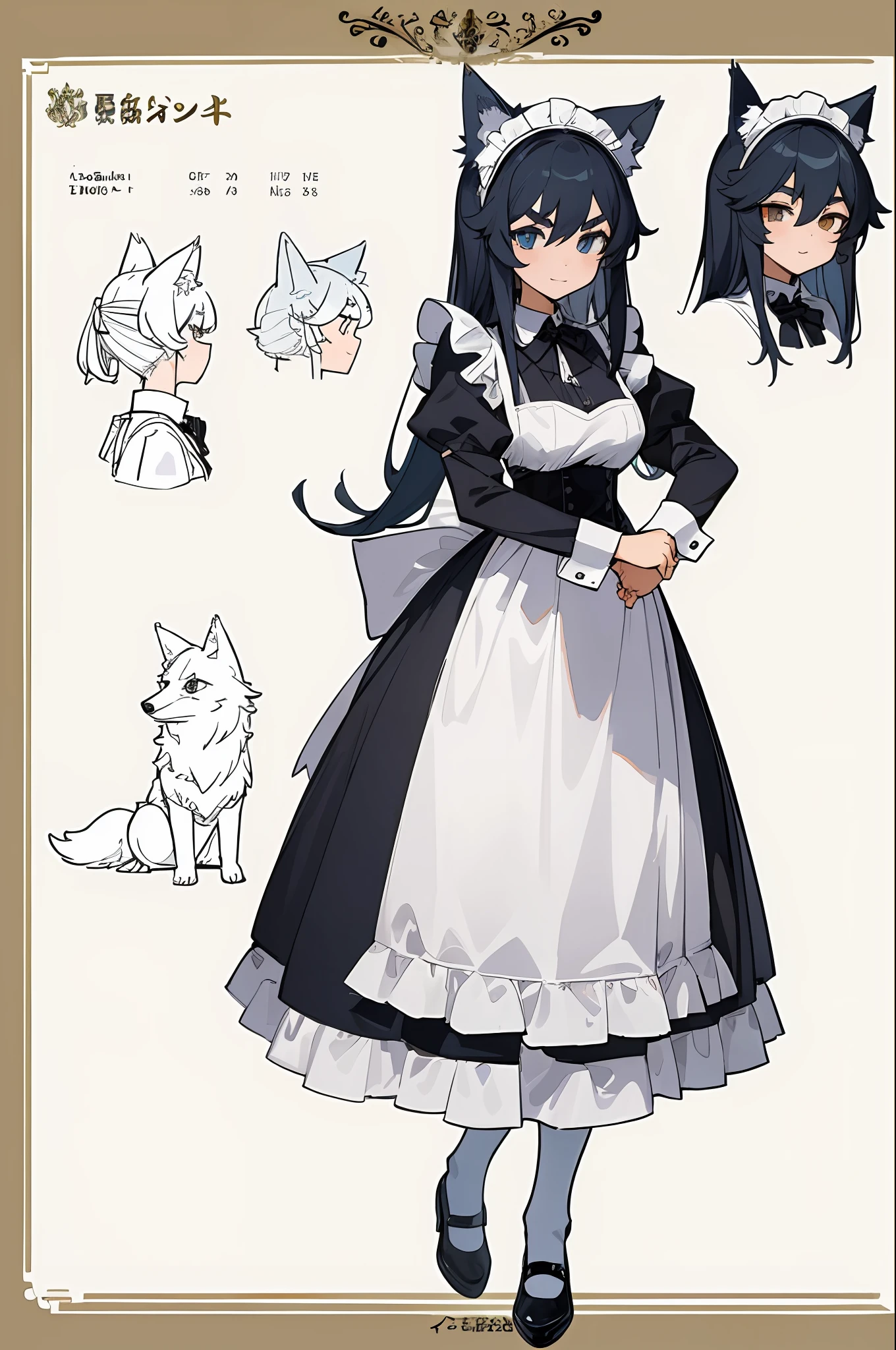 (masterpiece, best quality) detailed, character sheet, wolf ears, thick eyebrows, fullbody, maid outfit