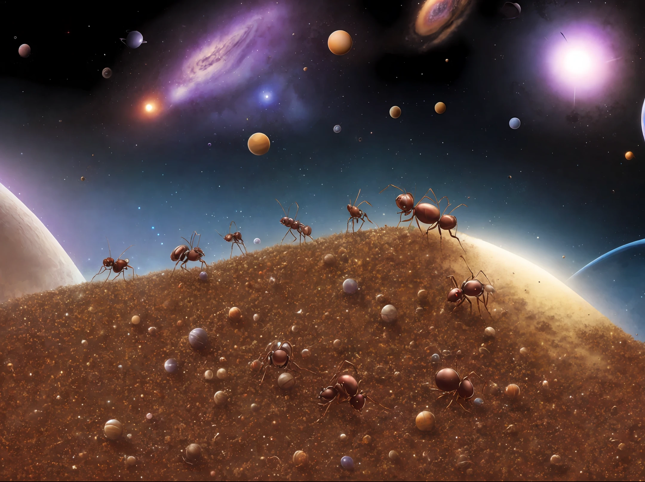 anthill in space, ants flying around, on a planet, background galaxy