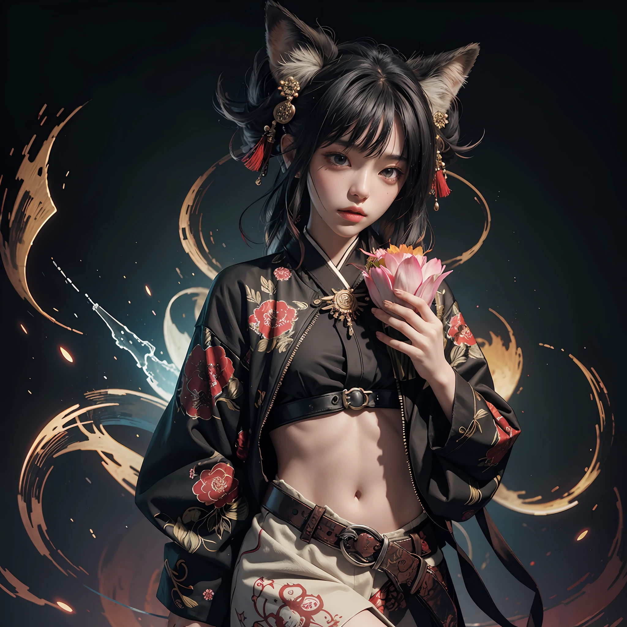 1boy, solo, official art, unity 8k wallpaper, ultra detailed, beautiful and aesthetic, masterpiece, best quality, photorealistic, (abstract background) (zentangle, mandala, tangle, entangle background:0.7) Kitsune, fox mask, haori jacket, foxfire spell, fox familiar, transformation, depth of field, Fantastical Atmosphere, the most beautiful form of chaos, elegant, a brutalist designed, flower of death, ecstasy of flower