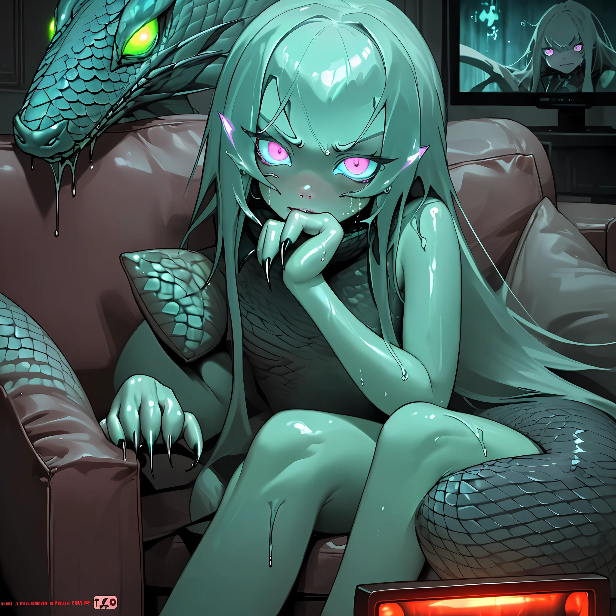 Sitting on the couch watching the phone, long hair, claws, cute face, frightened eyes, scales, glowing, wet, sticky, cute lips, dark, TV glow, pillow