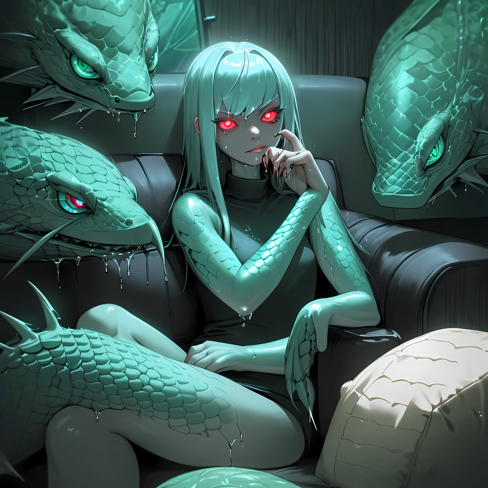Sitting on the couch watching the phone, long hair, claws, cute face, frightened eyes, scales, glowing, wet, sticky, cute lips, dark, TV glow, pillow