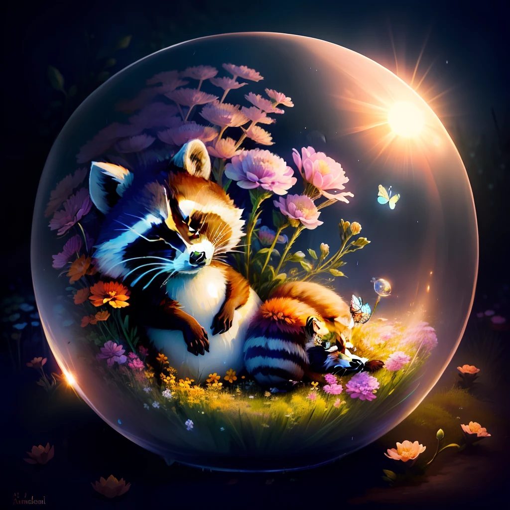 sleeping raccoon in a bubble, on top of a flower anthill, butterflies, sunset, realistic, flowers, rainy fairy forest background