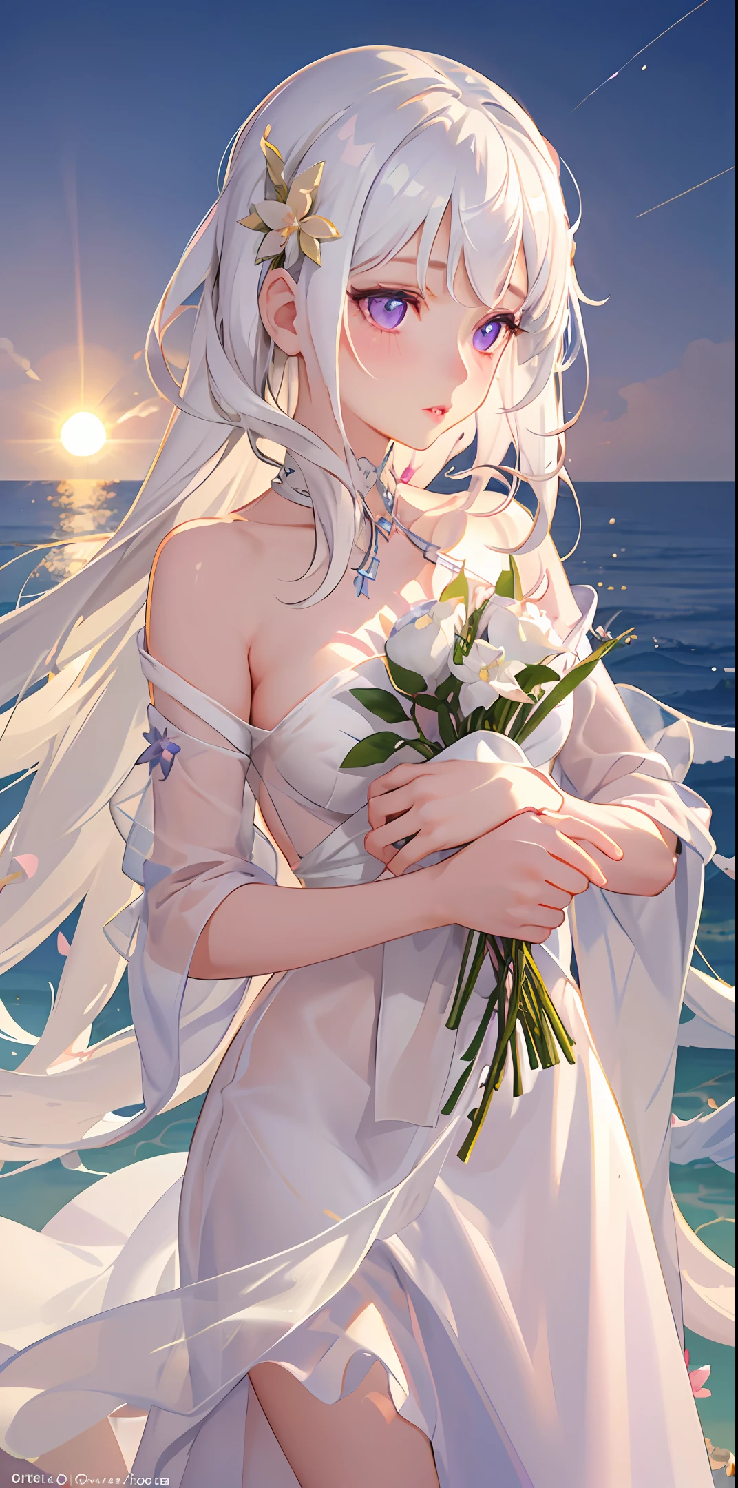 realistic, 1girl, white hair, purple eyes, glowing eyes, parted lips, blush, night, flowers, sun, sunlight, nudity, medium length hair, real, warm color, background color light, day environment, bright color background, saudi, ocean, cute
