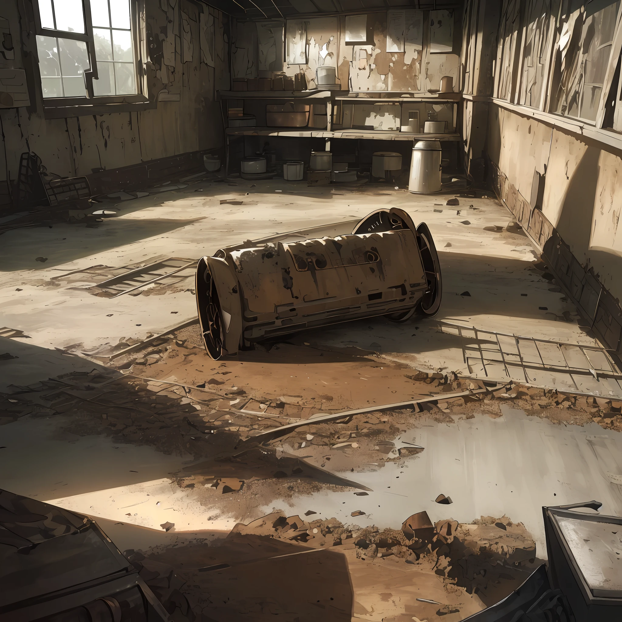 (best resolution),(best shading), (8k), (masterpiece), (detailed shading),(hyper-realistic), close-up of 1 old playstation (dark dirt, grey, cubic shape), (in a dilapidated room full of scrap metal on the floor), dawn light, trash and papers lying on the floor, rusty cans, stacked cardboard boxes (wet, light yellow), rusty metal shelves,  cracks on the walls, broken posters on the walls, pot with plants