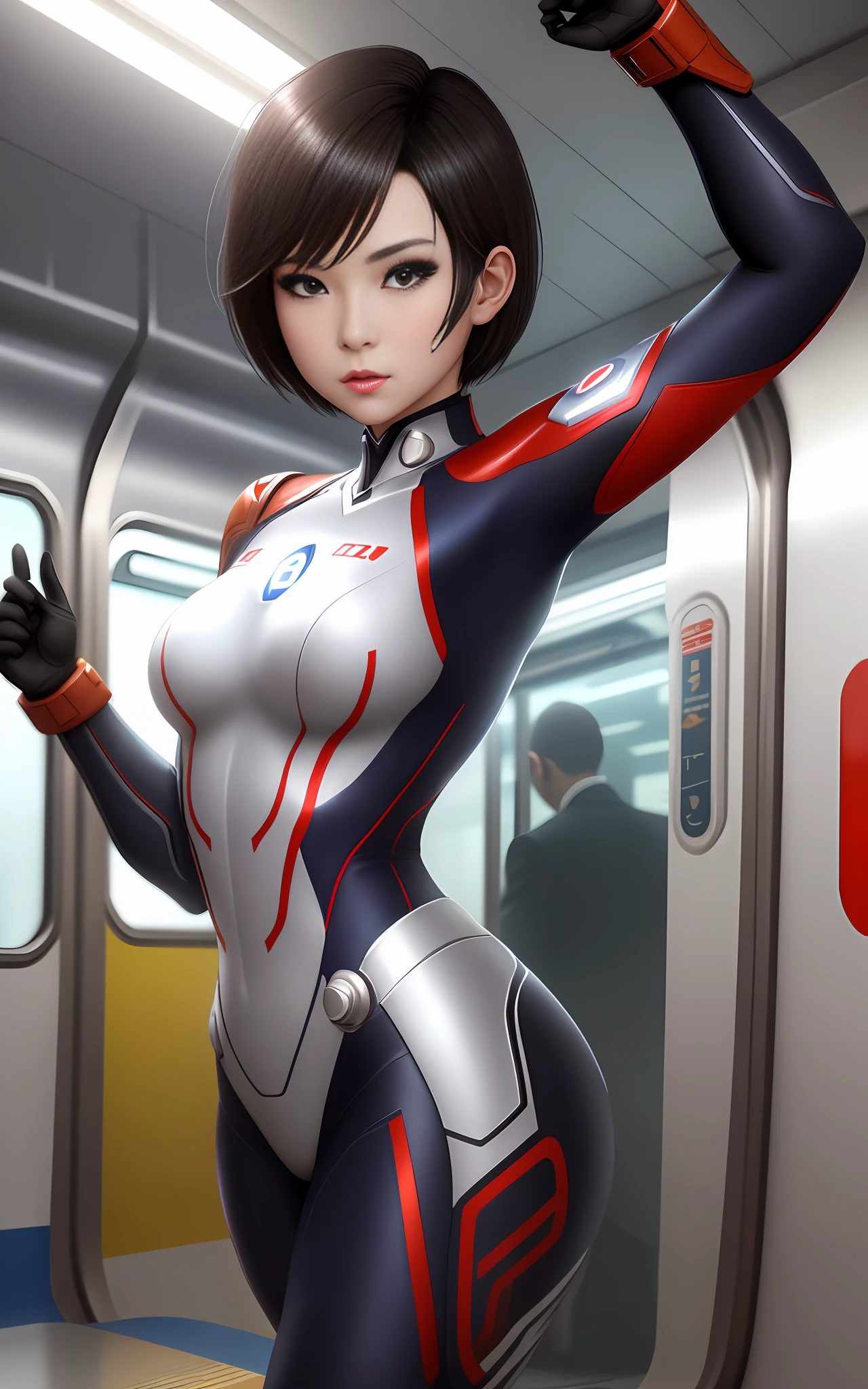 1woman: Ultraman, dancing on a subway train, extremely beautiful, short hair slick, bust GG, staring at the viewer, Unreal Engine 5, Anime style, Max resolution/quality/sharpness/detail.