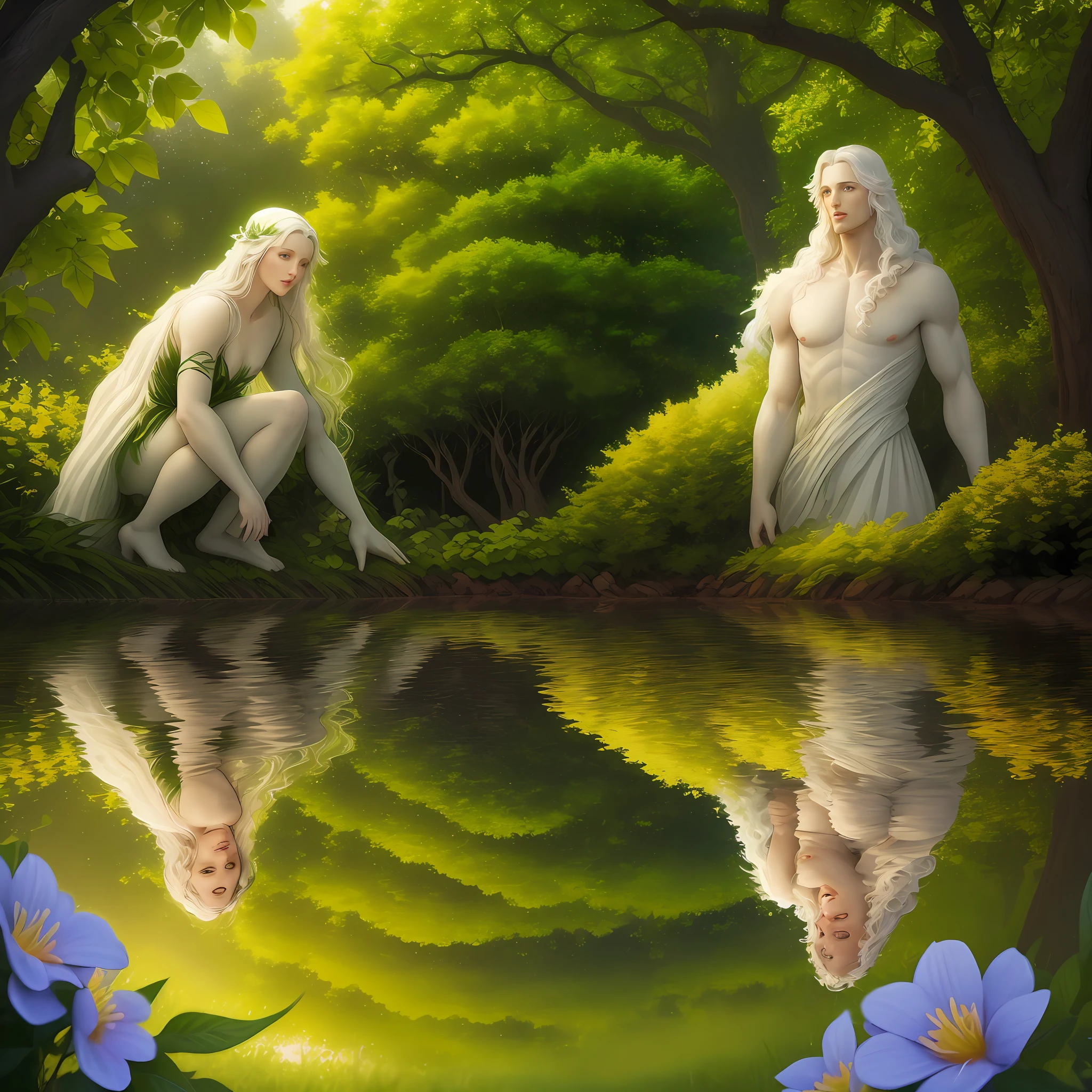 Create a digital artwork depicting Adam and Eve as described in the Bible. The artwork should showcase their beauty and innocence, set in the lush Garden of Eden. Pay attention to their physical features, such as flowing hair, smooth skin, and expressive eyes. Use vibrant colors to depict the lushness of the garden, including the greenery and the colorful flowers. Capture the sense of wonder and harmony between Adam and Eve in this idyllic setting."

Prompt negativo: "Avoid creating a distorted or grotesque representation of Adam and Eve. Do not include elements that are contrary to the biblical description, such as additional limbs, mutations, or unnatural features. Stay true to the essence of their characters and the biblical narrative. Do not include elements that detract from the overall sense of beauty and purity of the scene."