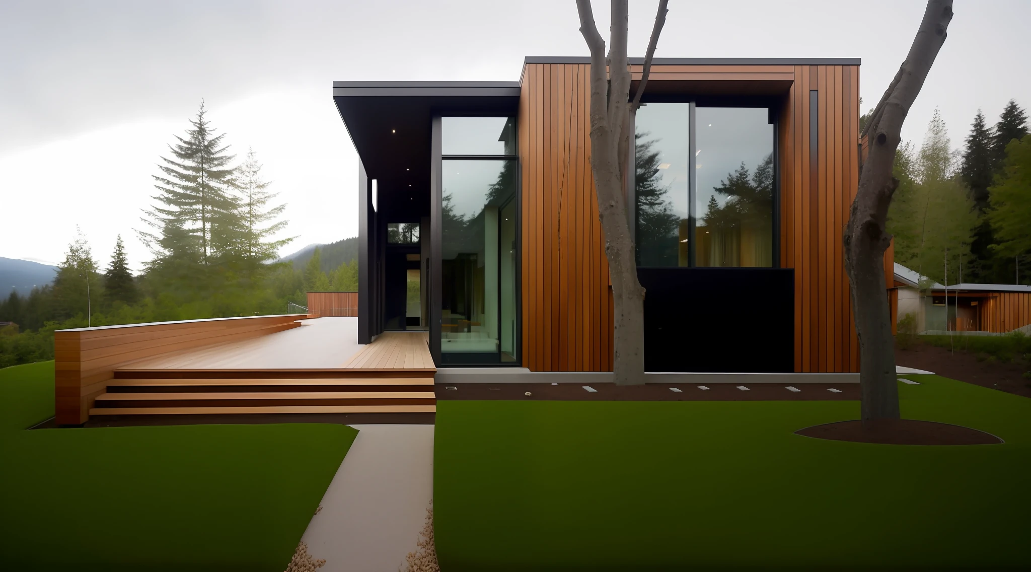 a view of a modern house with a wooden exterior and a large tree, modern house made of tree, award winning modern design, modern house in the wood, wood panel walls, passive house, wooden house, wood panels, minimalistic house in the wood, modern design, high quality architectural art, residential design, well contoured smooth fair walls, exterior design, sustainable architecture