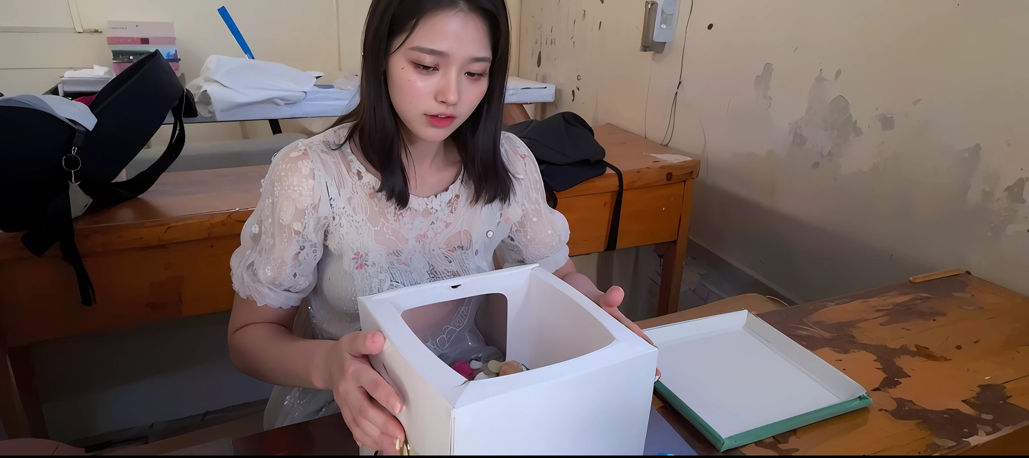 there is a naked woman that is opening a box with a piece of cake in it, delivering parsel box, traditional art, intermediate art, art project, student, art student, 1 st winner, art work, an arcylic art, during sunrise, profile picture, girl creates something great, box, lots of light, (Best Quality, 8k, 32k, Masterpiece, UHD:1.3), 1 Girl, (Big Boobs:1.2), Perfect Body, Ultra Detailed Face, Detailed Lips, Fine Eyes, double eyelids, (seductive), ((aroused:1.5))