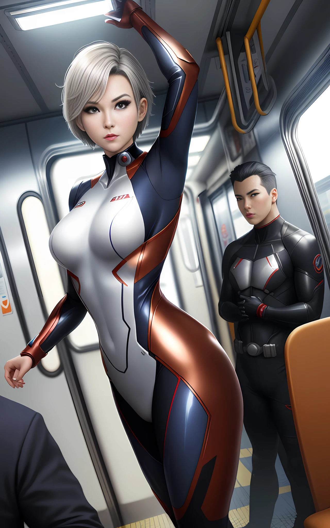 1woman: Ultraman and several men, dancing on a subway train, she is exhibitionist, extremely beautiful, short hair slick, bust GG, staring at the viewer, Unreal Engine 5, Anime style, Max resolution/quality/sharpness/detail.
