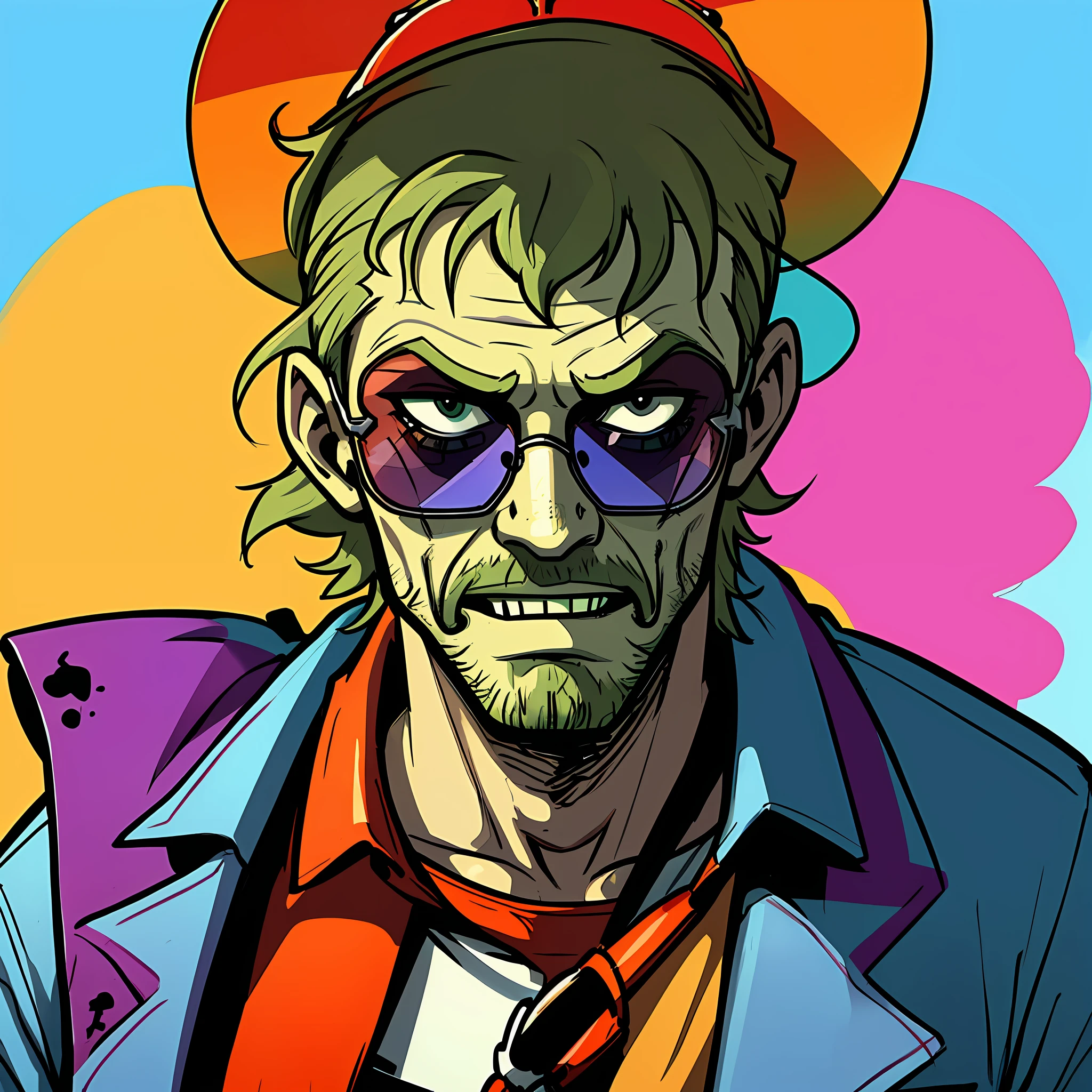 zombie man with sunglasses, summer vibe, cartoon style, portrait