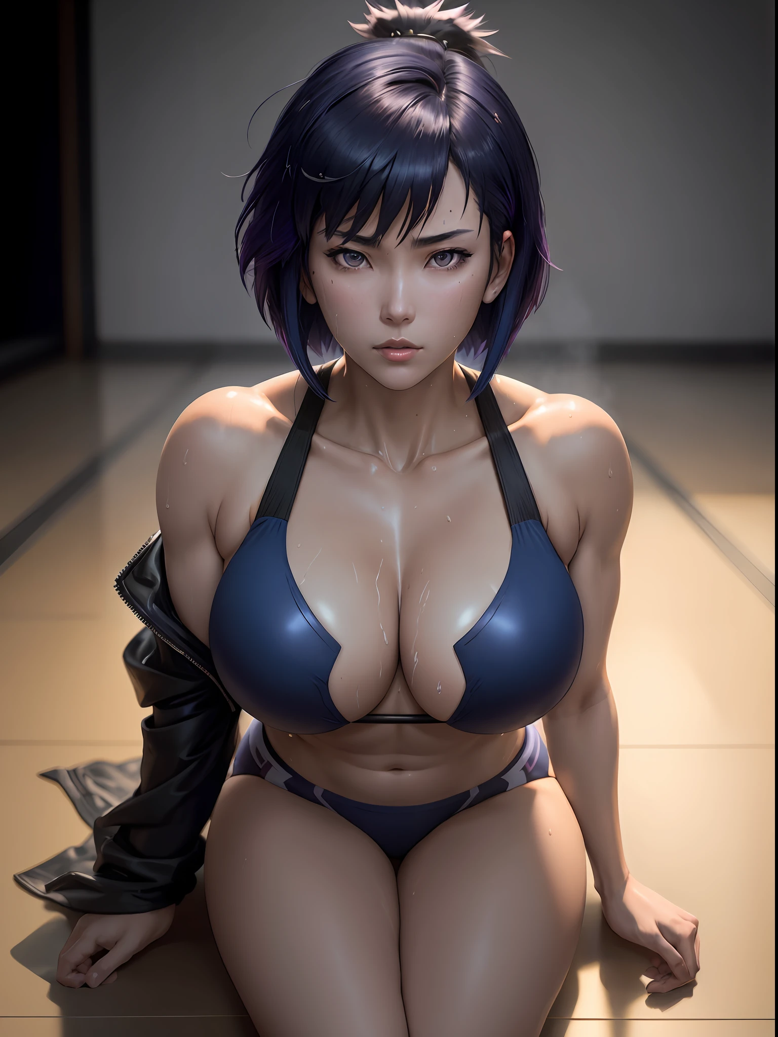 Motoko Kusanagi from anime Ghost in the Shell, inverted bob hair, (messy hair:0.3), dark blue hair, ponytail, fitness bikini,, (sweating:1.2), exhausted, intricate detail, depth of field, backlighting, (masterpiece), (high details), award winning, high quality, best quality, 8k, sitting, floor, looking at the viewer, romantic