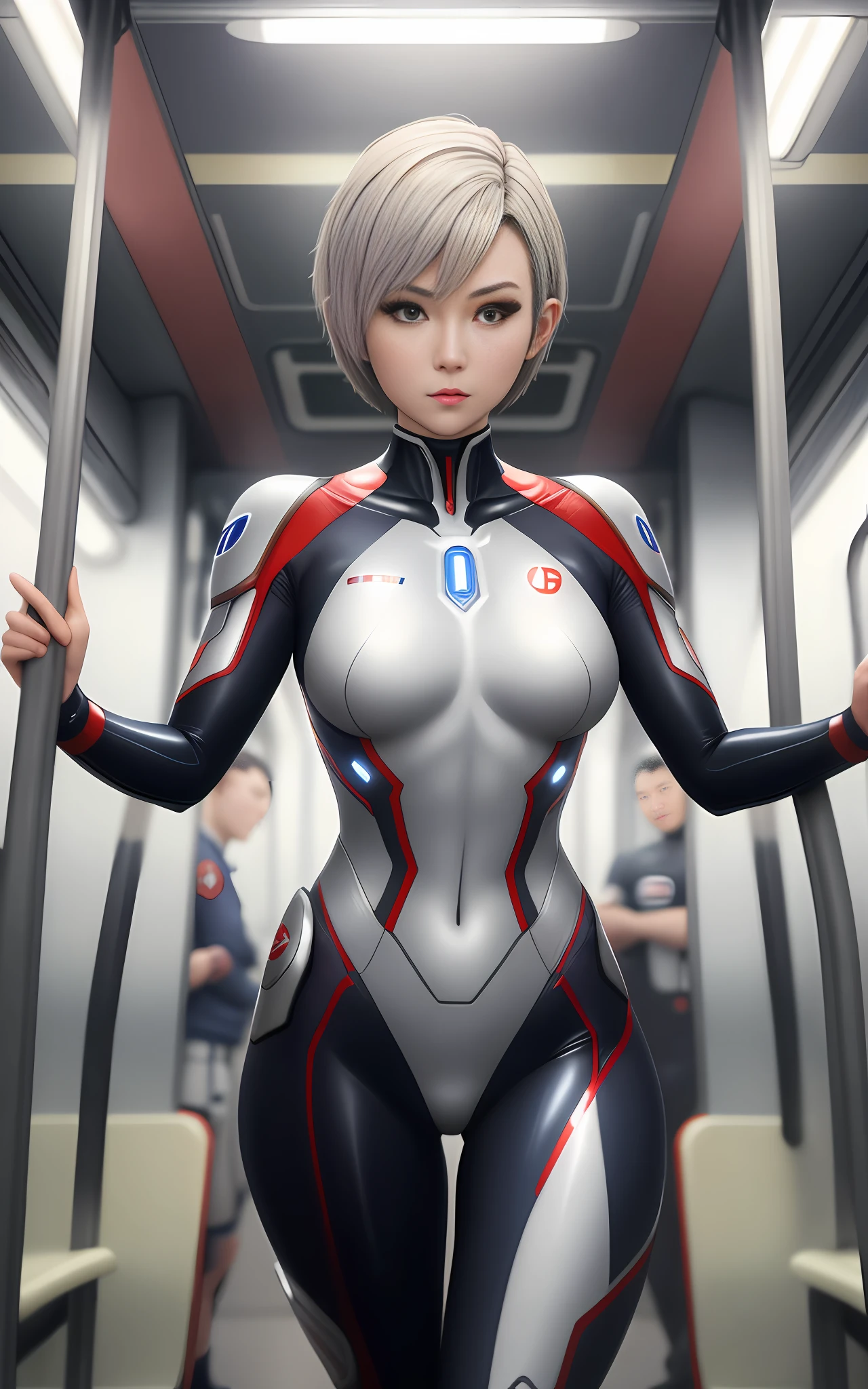 1woman: Ultraman and several men, dancing on a subway train, she is exhibitionist, extremely beautiful, short hair slick, bust GG, staring at the viewer, Unreal Engine 5, Anime style, Max resolution/quality/sharpness/detail.