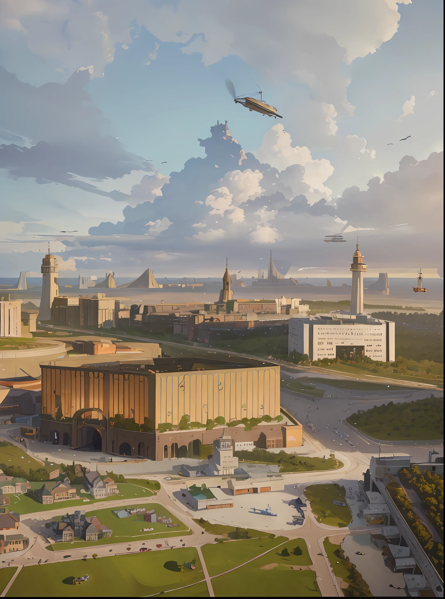 Many islands suspended in the air, many small airships flying around, cities, fantasy, magical plant growth, extreme detail, realistic light, epic composition, (intricate detail), (intricate design, hyperdetail: 1.2), art station, (masterpiece, best quality), ultra hd, 32k (digital painting), (best quality), popular deviant art, ultra-realistic 8k, soft colors, soft lighting, golden hour, calm atmosphere, In the center of the city there is a large building with a large roof, forest, steam, road, dragon, mecha, crane (machine), ocean, water, plane, multiple girls, dress, goggles on the head, airship, ocean in the distance, high mountains in the distance --v 6