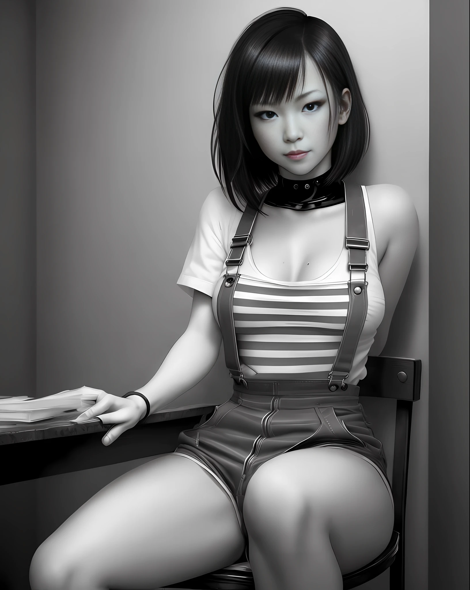 Kate Takenomiya (Prison School), realistic version, wearing a provocative outfit, open prison overalls, sweaty punctuated medium breasts, sweaty face, green eyes, short high school black caia flying, sensuality and elegance, pose for photo, prison outfit, black and white striped prison blouse, super realistic and detailed, prison saddle, prison bathroom, straight short red hair with short straight bangs, perverted smile, perverted girl, very perverted look, handcuffs, club, ties, chair, provocative sensual poses, black and white prisoner outfit, Full HD, best quality, a masterpiece, professional lighting, realistic style