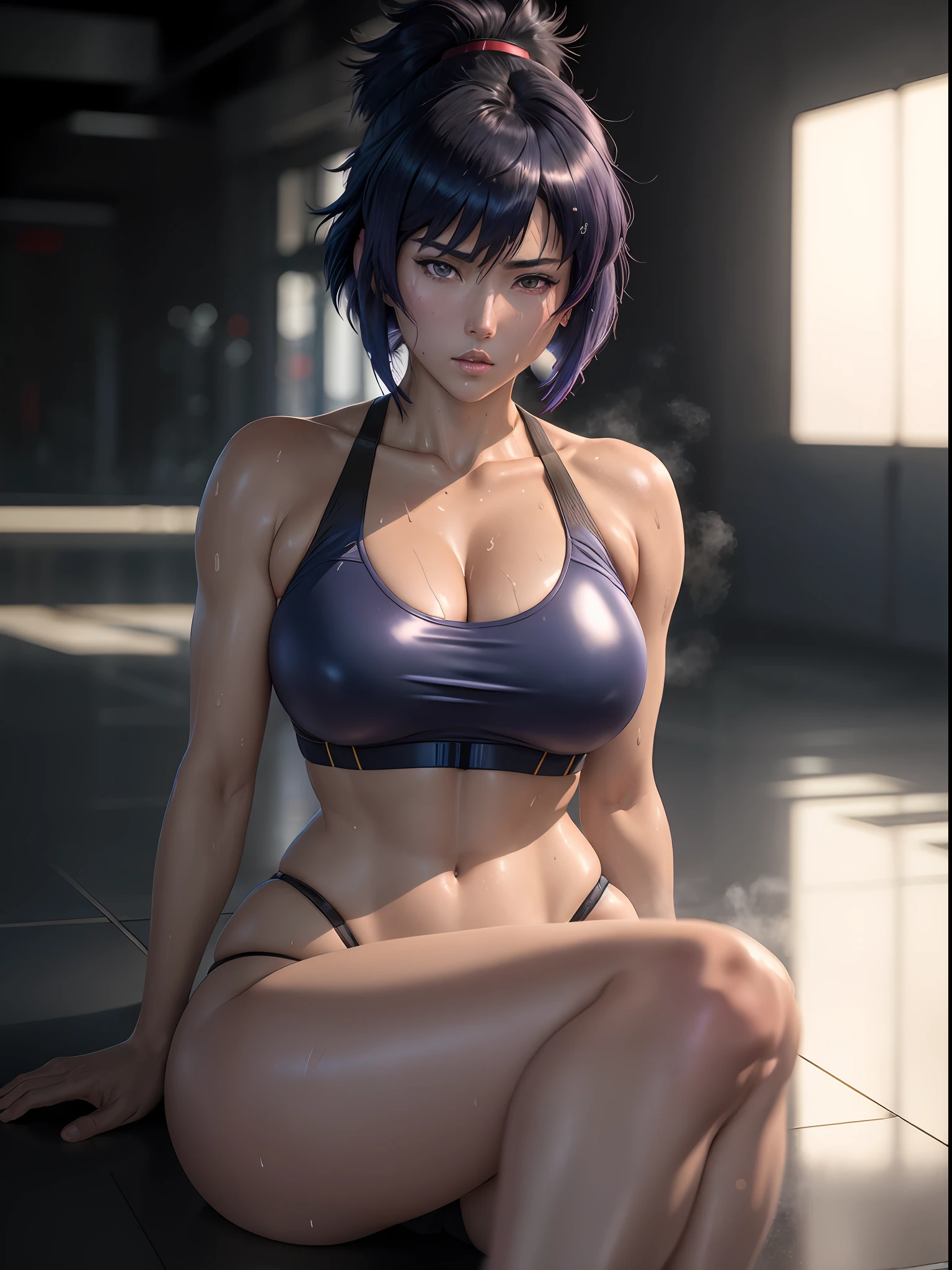 Motoko Kusanagi from anime Ghost in the Shell, inverted bob hair, (messy hair:0.3), dark blue hair, ponytail, fitness bikini,, (sweating:1.2), exhausted, intricate detail, depth of field, backlighting, (masterpiece), (high details), award winning, high quality, best quality, 8k, sitting, floor, looking at the viewer, romantic