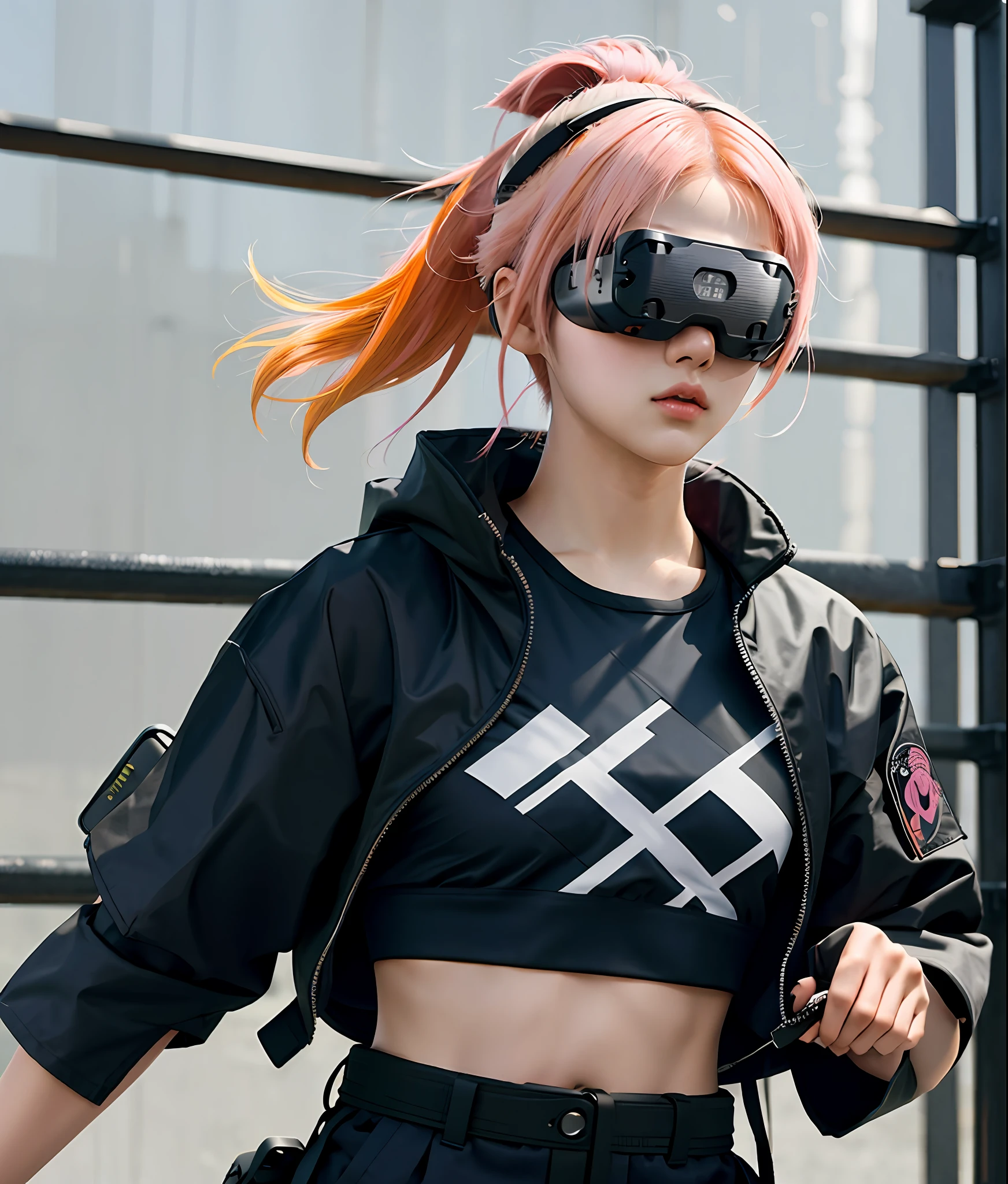 Close up face, half body, 18 year old girl, wearing Tank-top samurai girl, crop top, tech wear jacket, tactical baggy pant, backpack, katana, samurais, 1 girl, solo, half body view, perfect face, yellow hair, pink hair, wearing vr headset, Vr samurai, vr glasses, white and orange techwear, techwear japan, hyper realistic, film grain