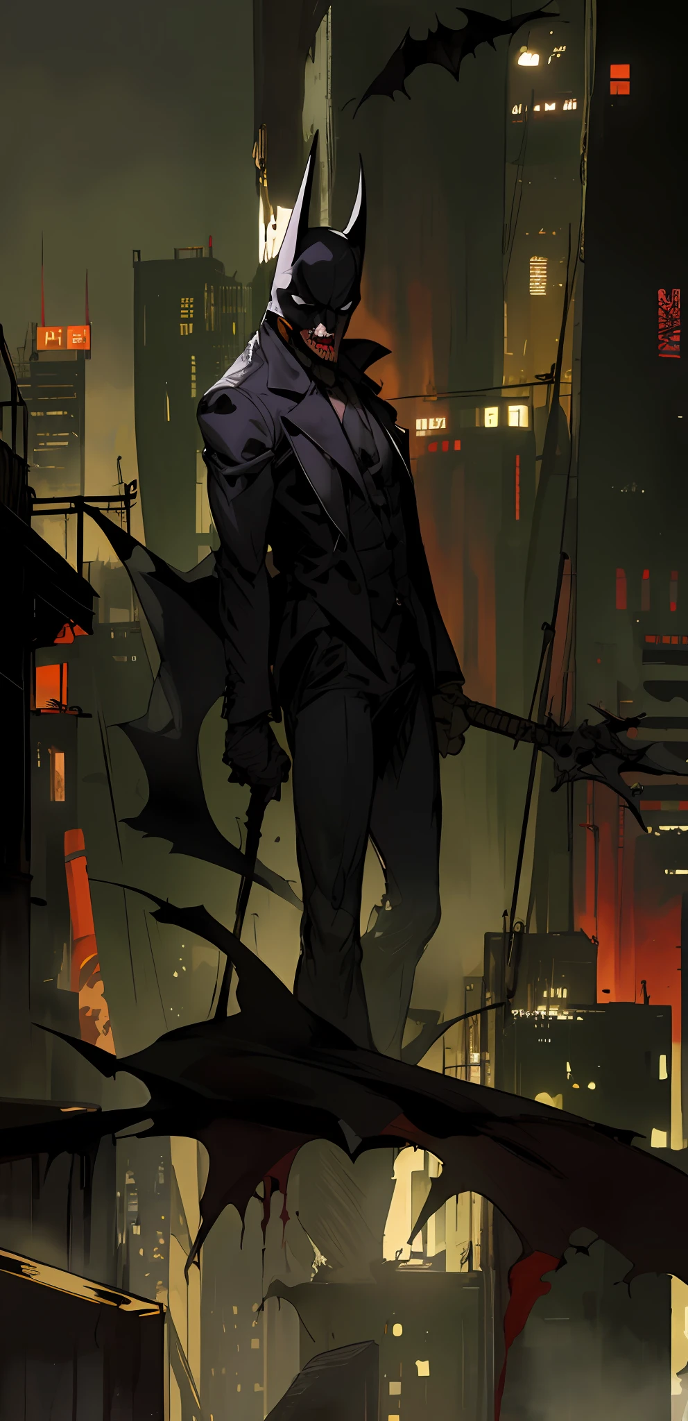 dark and gritty, Studio Ghibli, Anime Key Visual, by Makoto Shinkai, Deep Color, Intricate, 8k resolution concept art, Natural Lighting, Beautiful Compositionbatman and the Joker creepy smile by mark mc, batman with guns, in batman comic book, cyberpunk batman, in batman comics, batman wielding axe, phil noto and james jean, by Josan Gonzalez, the batman who laughs, by Dean Ellis, by Matt Stewart, by Craig Thompson, batman as a zombie!!!!!!!, martin ansin, the batman, arkham batman standing on a city street at night with a city in the background, from movie batman, anigirl batman, batman, gotham, in batman movie still cinematic, film still of batman, the batman, nighttime in gotham city, still image from batman movie, the batman who laughs, he is traversing a shadowy city, japanese dc live-action movie