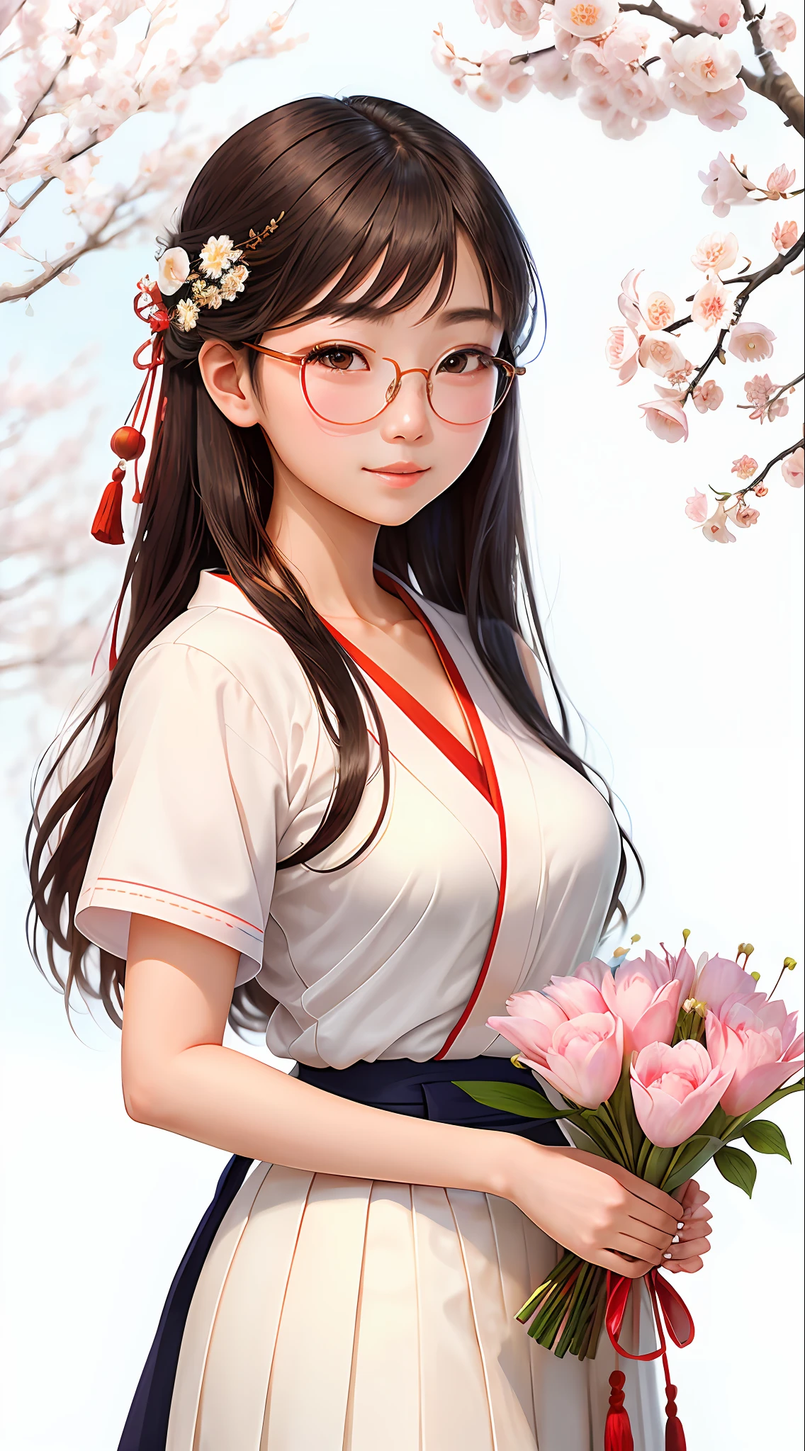 Japanese girl student, ((best quality extremely detailed)) Japanese girl beautiful student, Japanese student woman, beautiful hot student, sweet young girl (sweet look), beautiful face, goddess araffe in school clothes, white T-shirt with neckline, big breasts, short hair, fleshy lips, wearing glasses, 18 years holding a bouquet of flowers in her hands, a beautiful art illustration, portrait of a beautiful student,  portrait of young student, inspired by Itō Shinsui, beautiful digital art, girl beauty, mulan portrait, portrait of a charming maiden, holding a bouquet, Japanese goddess, Japanese girl, Japanese woman