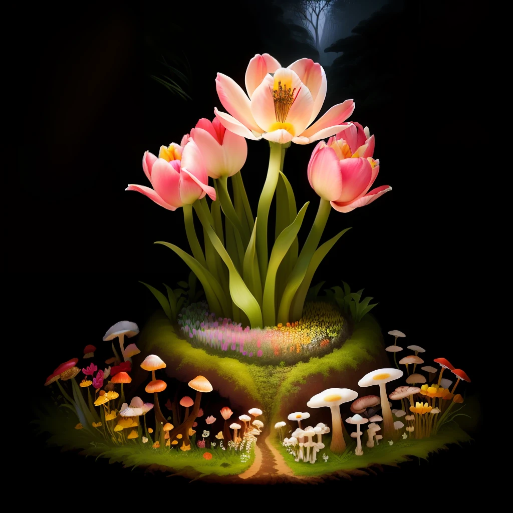 flower anthill with mushrooms , dark weather, rainforest, tulips,