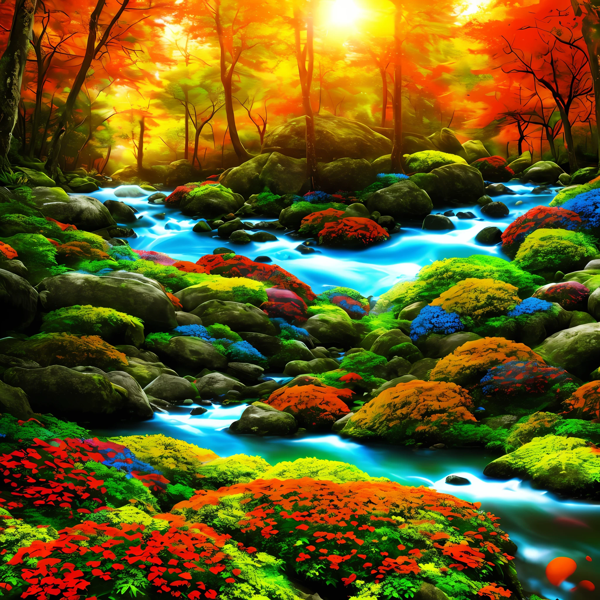 Images colorful forest diverse colors with colorful flowers orange green red blue river butterflies real photo 3d cinema 8k sun well lit vibrant colors shrubs rocks, beautiful trees with a little color